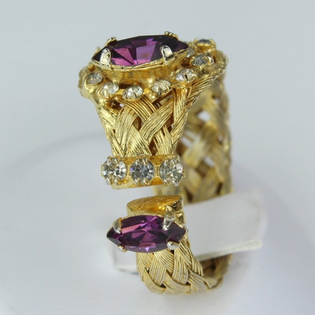Woven Wire Ring Costume Gold Tone Braided Band Amethyst Color Stone spectacular