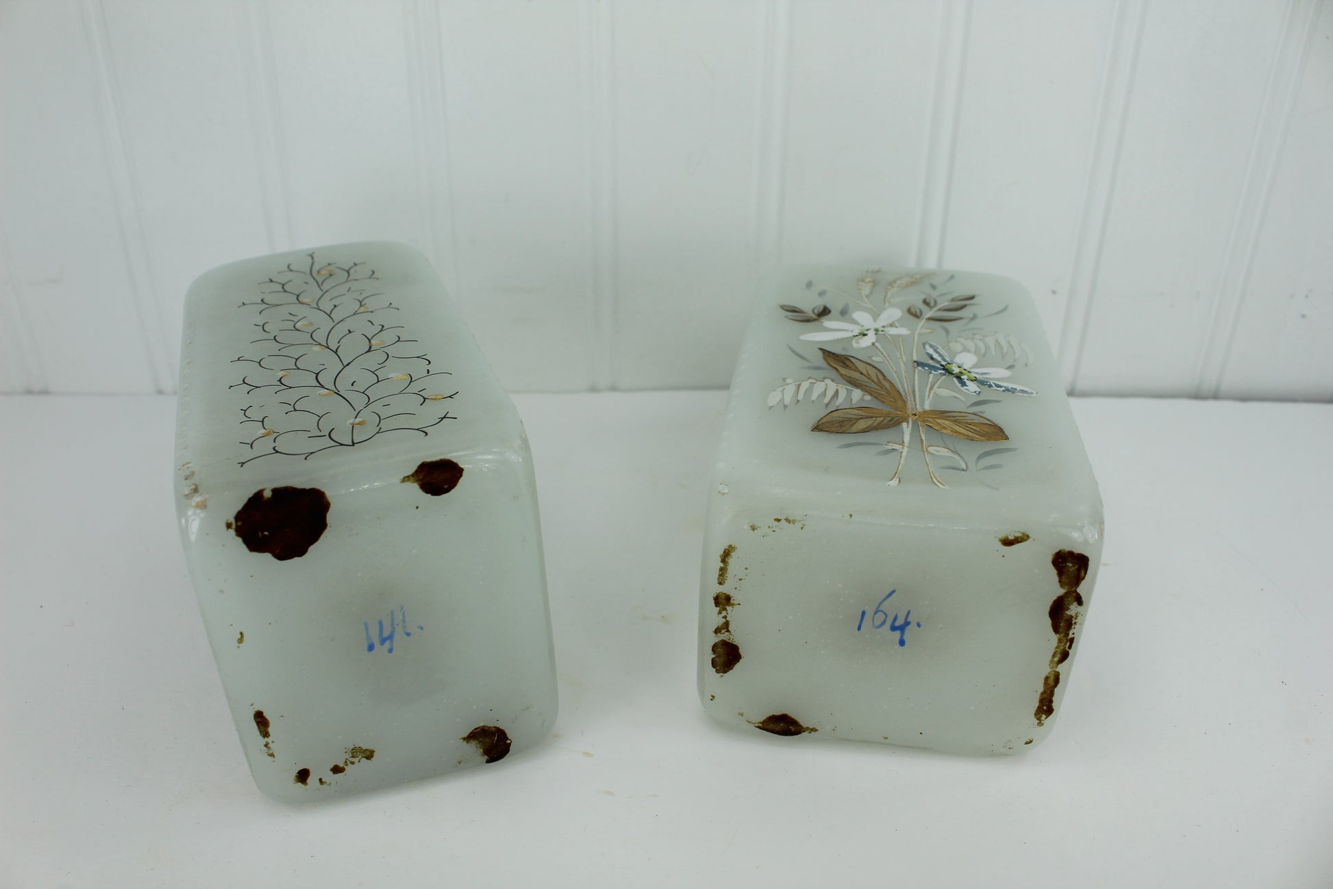 Antique Victorian Pair Barber Scent Bottles Frosted Glass Painted Flowers numbered 146 and 164