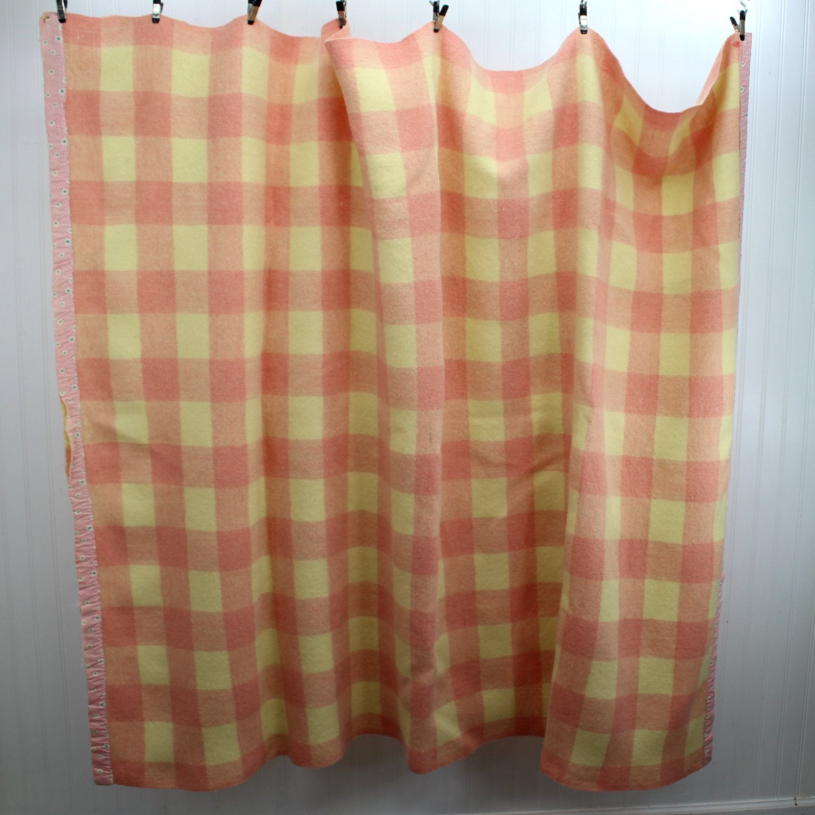 Small Wool Blanket Cream Pink Big Checks Late 1940s Use or Cutter DIY full view showing shape