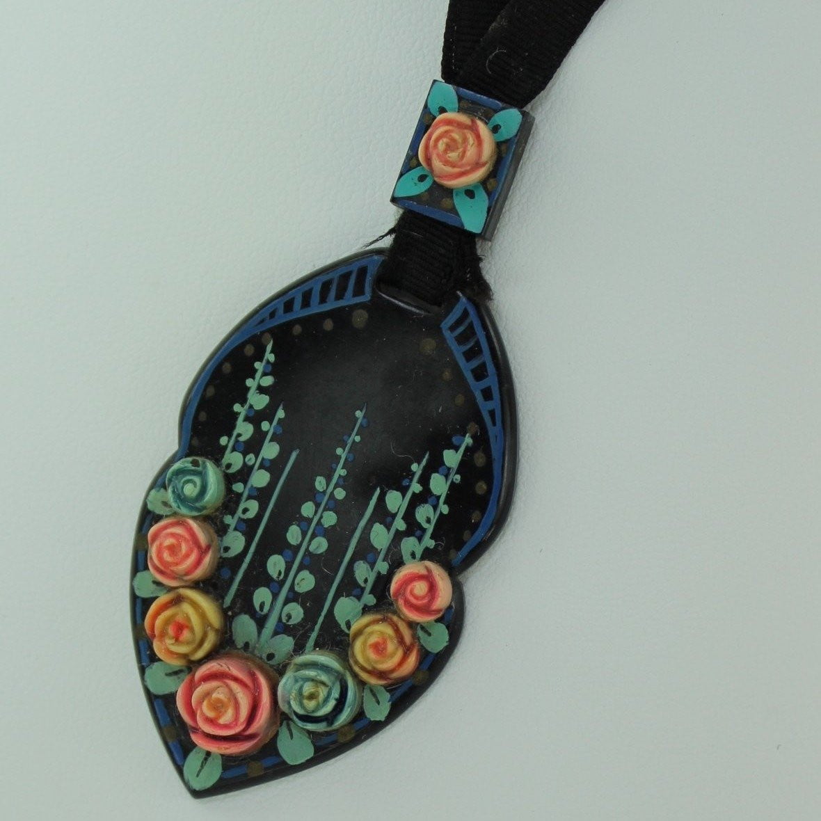 Antique Nouveau Necklace Black Celluloid Pastel Flowers Ribbon Slider Chain