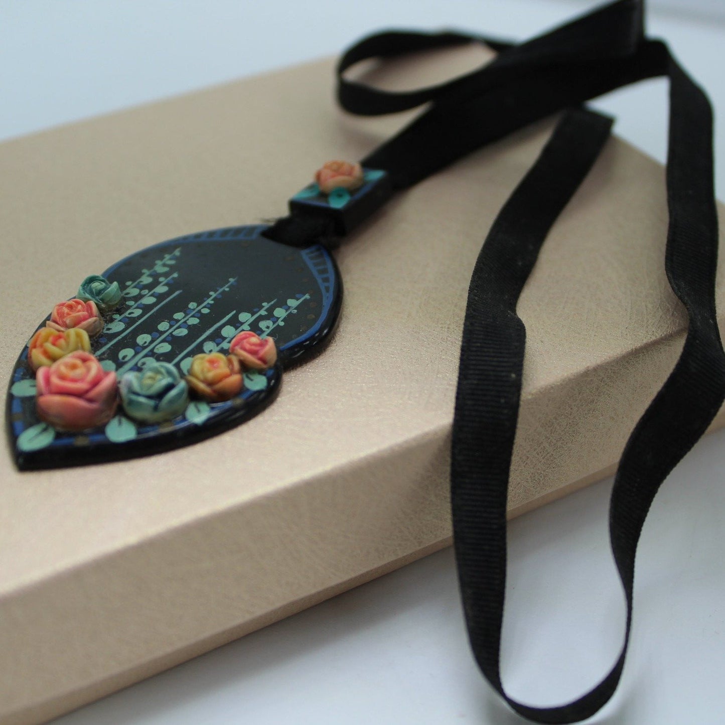 Antique Nouveau Necklace Black Celluloid Pastel Flowers Ribbon Slider Chain rare