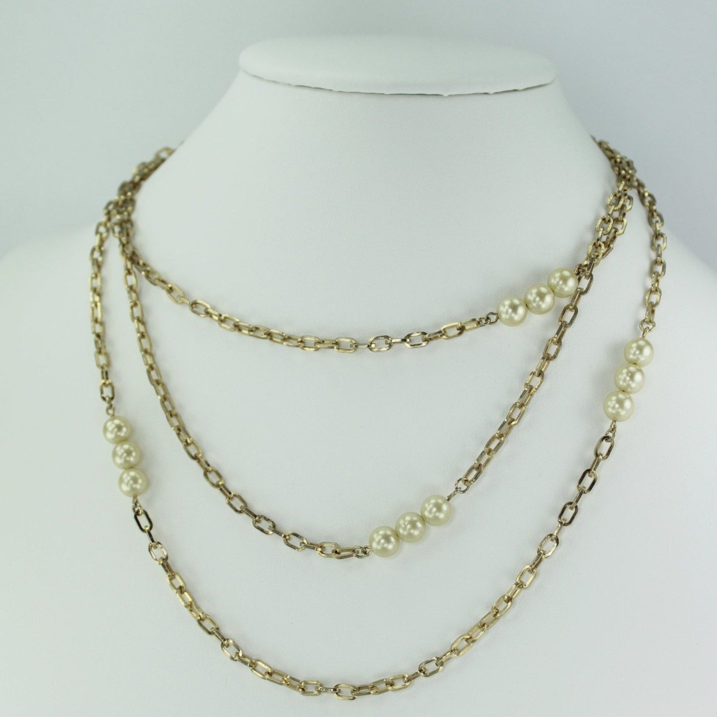 Vintage ALICE Caviness Necklace Long 29" Chain Triple Pearls Opera Length designer
