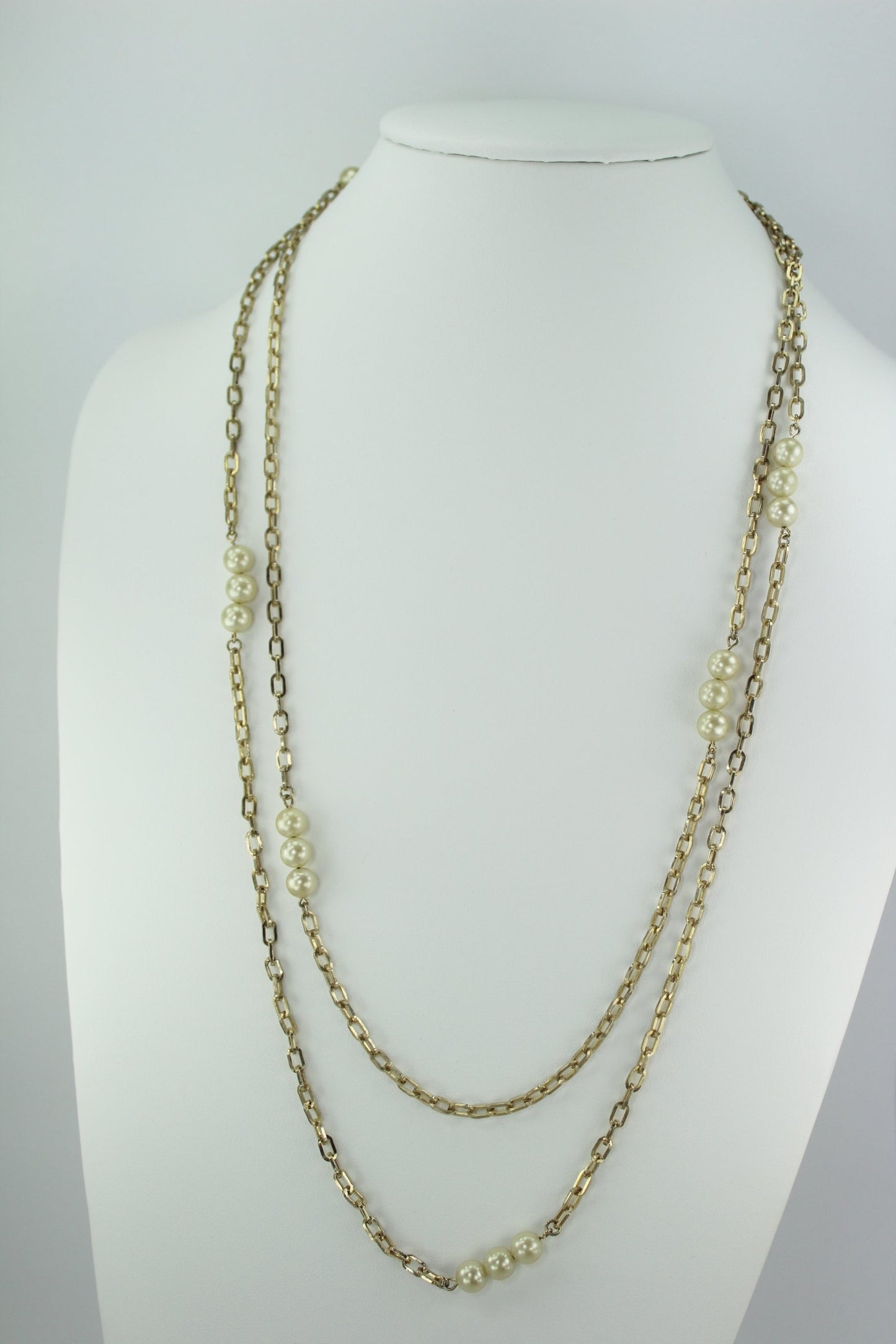 Vintage ALICE Caviness Necklace Long 29" Chain Triple Pearls Opera Length collectible