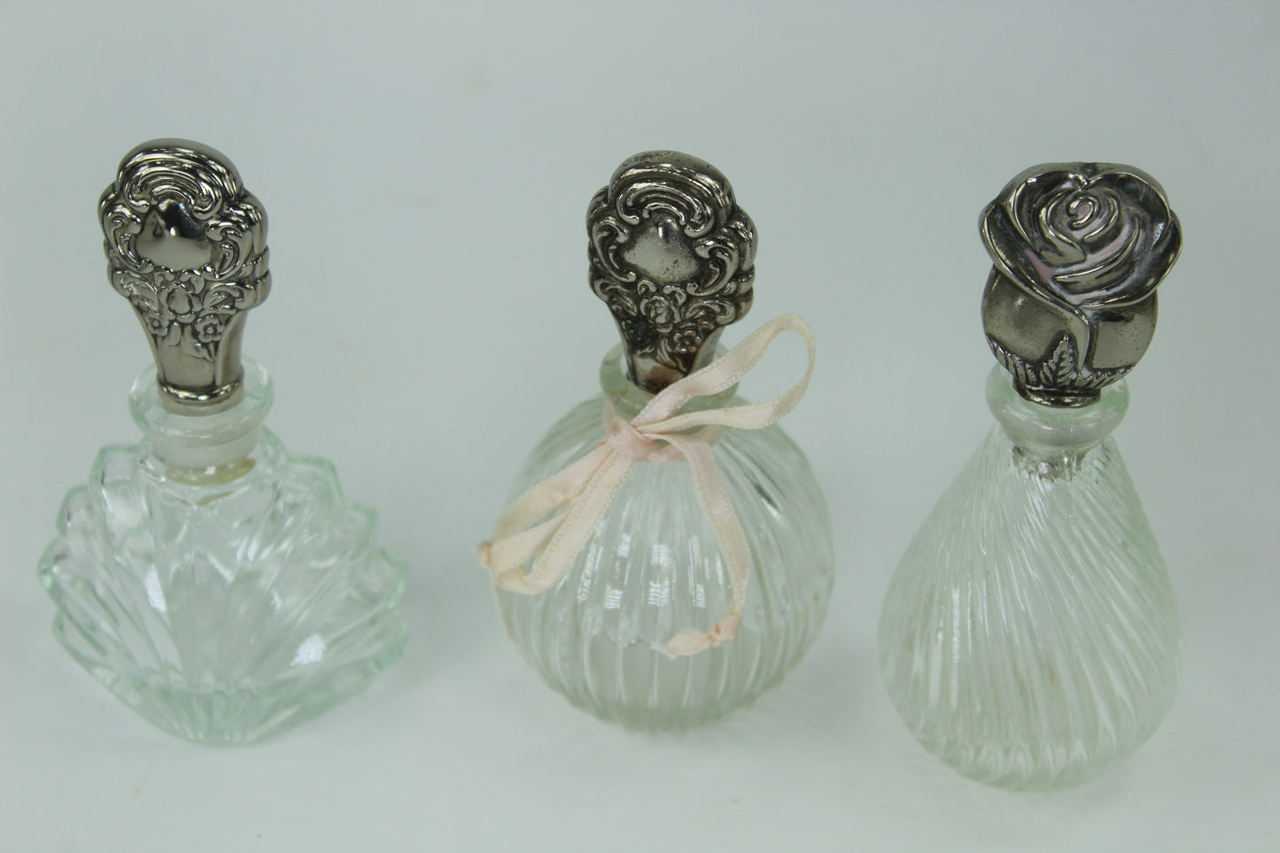 Three Vintage Vanity Scent Bottles Silver Dauber Roses Floral Tops