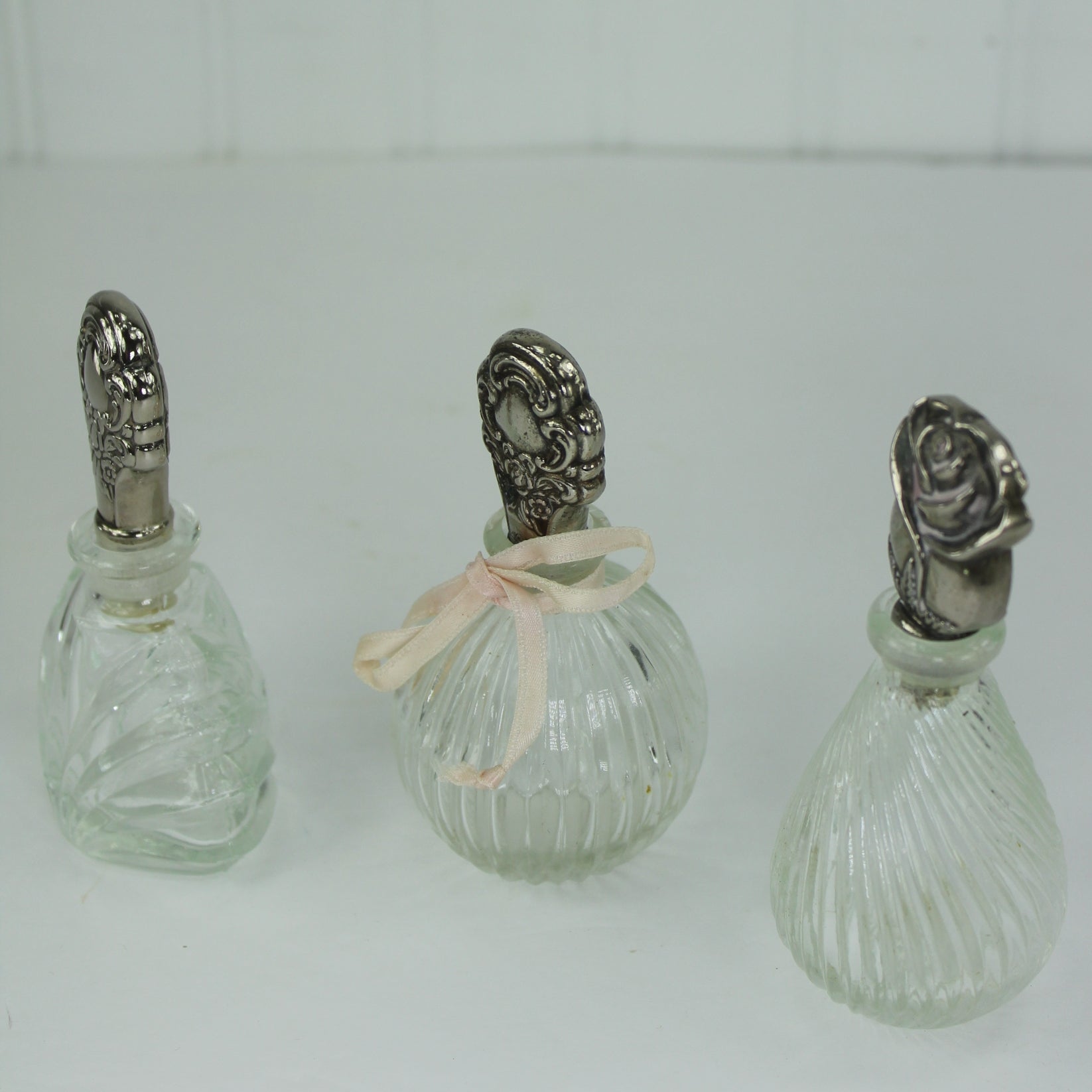 Three Vintage Vanity Scent Bottles Silver Dauber Roses Floral Tops vintage bottles