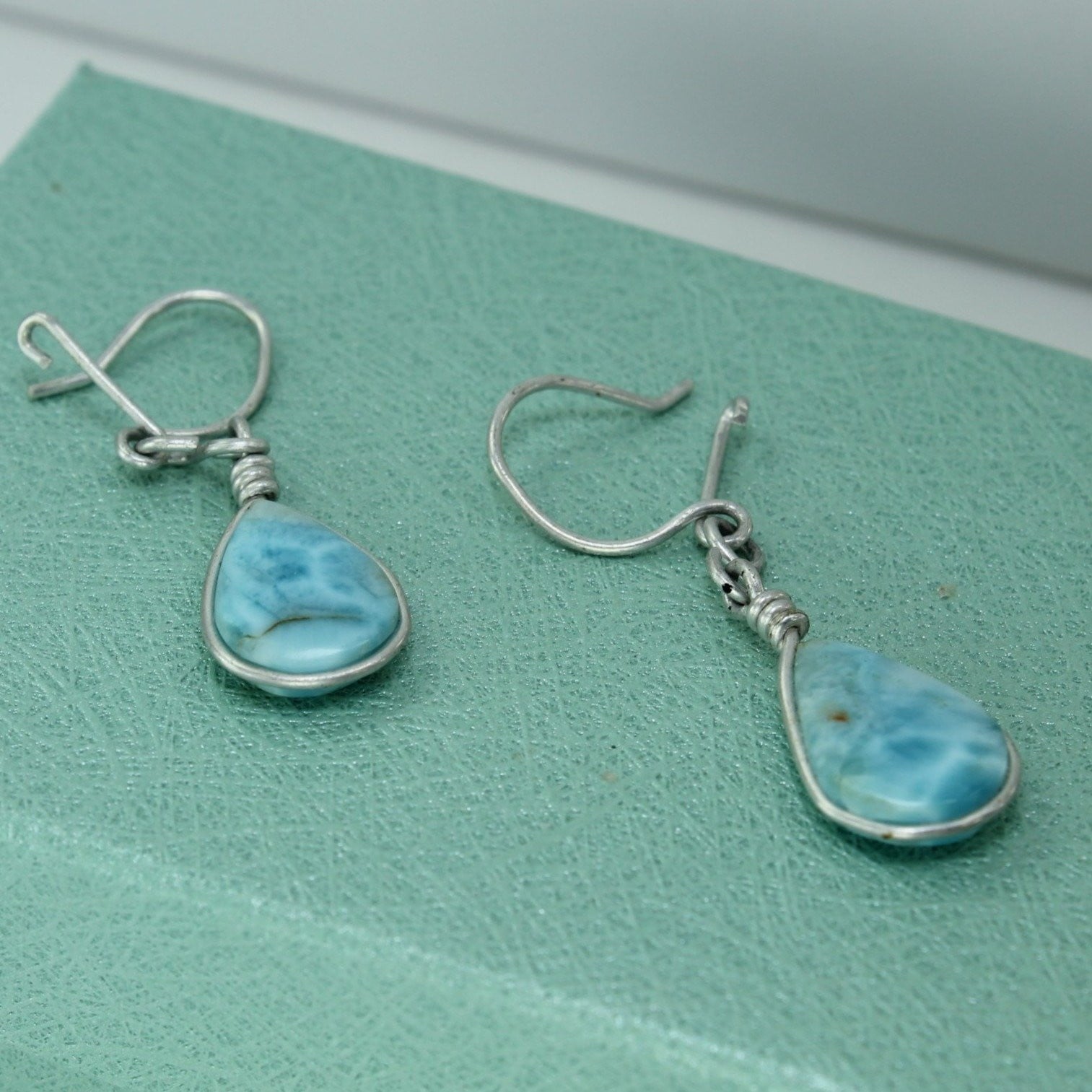 Pierced Earrings Teardrop Blue Mottled Stone Silver Wire Wrap artisan