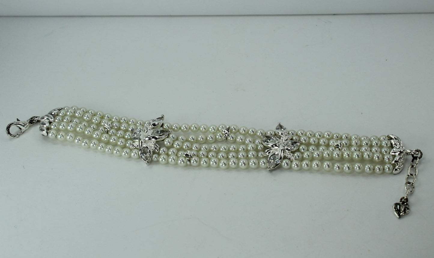 CAROLEE Pearl Bracelet 5 Strand Crystal Flowers Silver Leaves Wedding Accessory special occasion