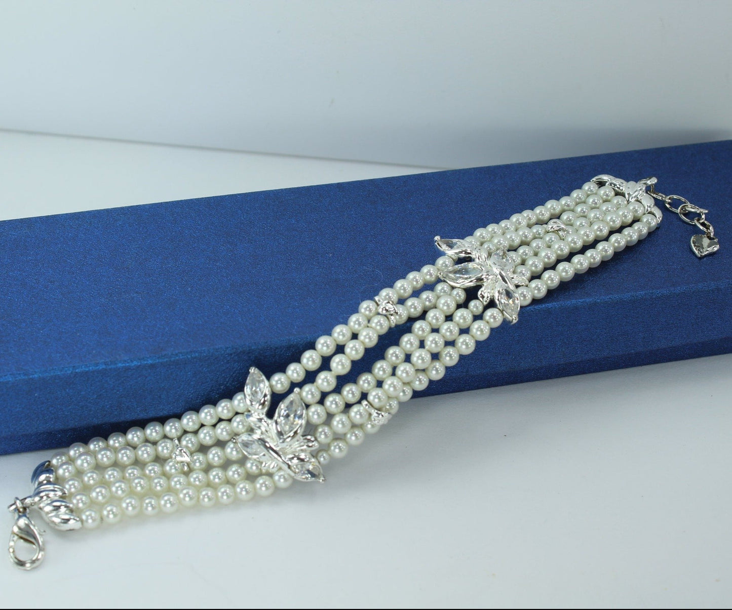 CAROLEE Pearl Bracelet 5 Strand Crystal Flowers Silver Leaves Wedding Accessory