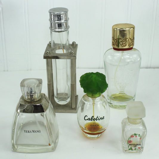 Five Designer Empty Perfume Bottles Refill Display Art Projects Vera Wang Halston Men Pavlova Cabotine Apercu Vintage