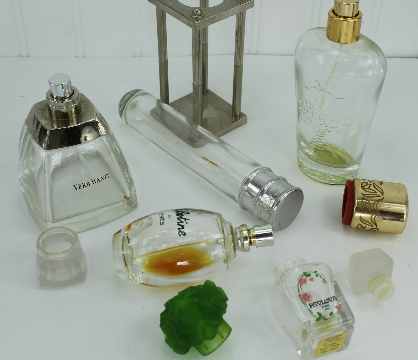 Five Designer Empty Perfume Bottles Refill Display Art Projects Vera Wang Halston Men Pavlova Cabotine Apercu sprays daubers