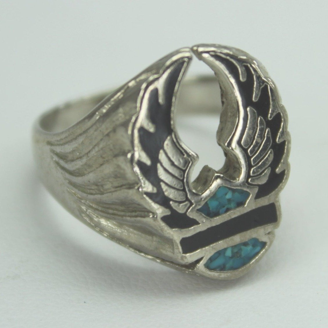 Older Harley Wings Ring Crushed Turquoise Black Inset Size 12  heavy