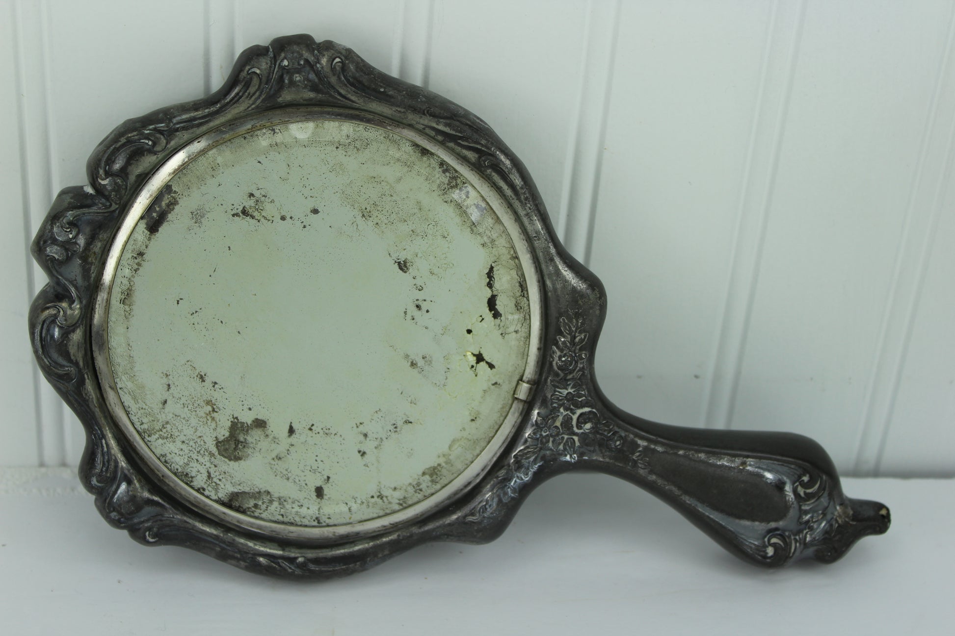 Pewter Hand Mirror Cherubs Angels Old Use DIY Craft Picture Frame heavy mirror