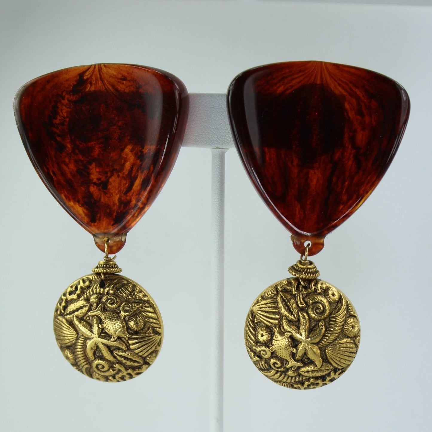 Faux Tortoise Earrings Gold Shell Medallion Dangle Clips 3 1/4" Length dimensional