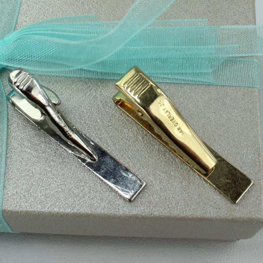 Vintage 2 Tie Bars Clips Sterling 14K Overlay Signed JML pair