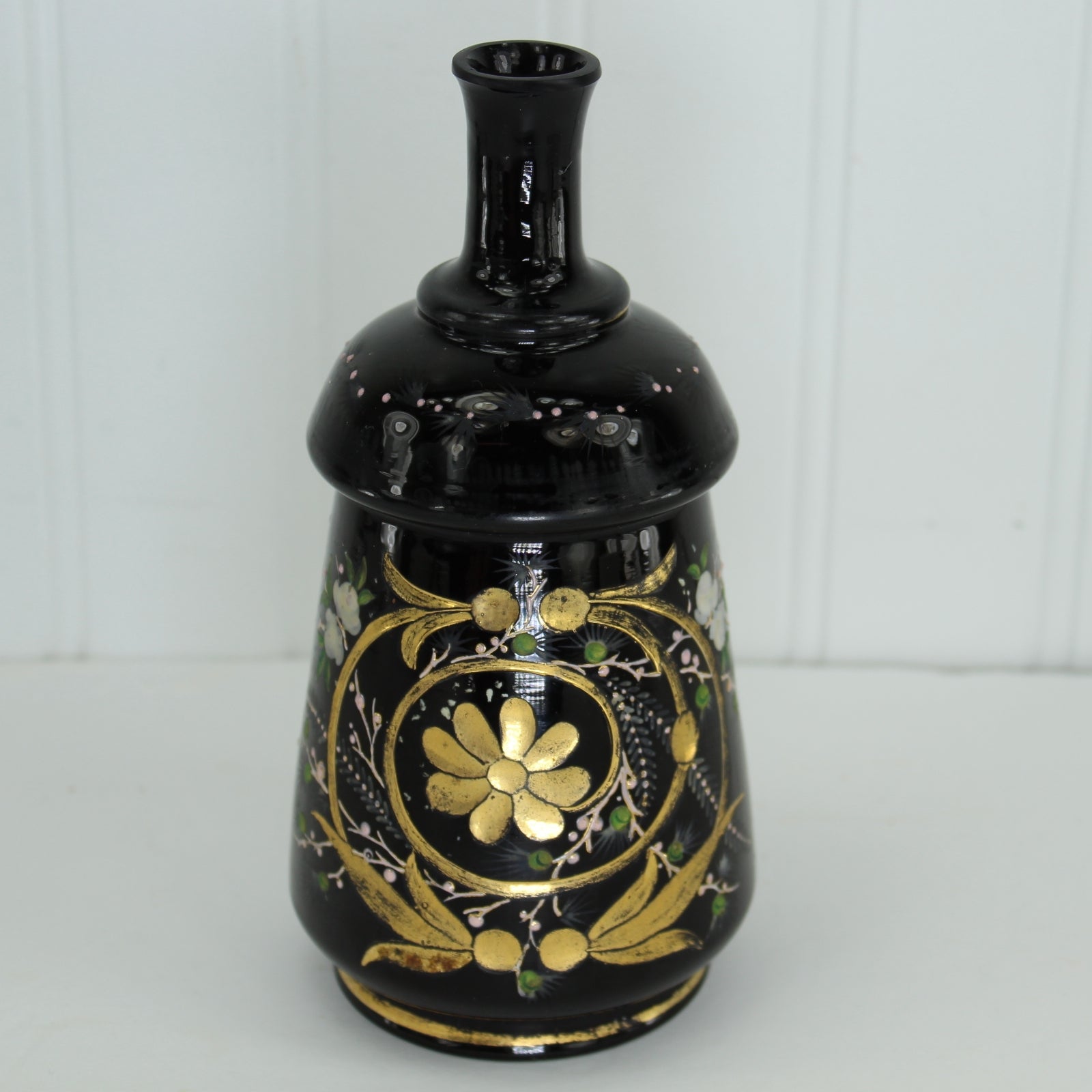 Vintage Czech Scent Barber Bottle Black Enamel Painted Florals