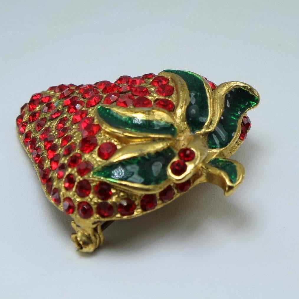 Unmarked Crystal Strawberry Pin Brooch - Red Crystals Green Enamel Leaves used