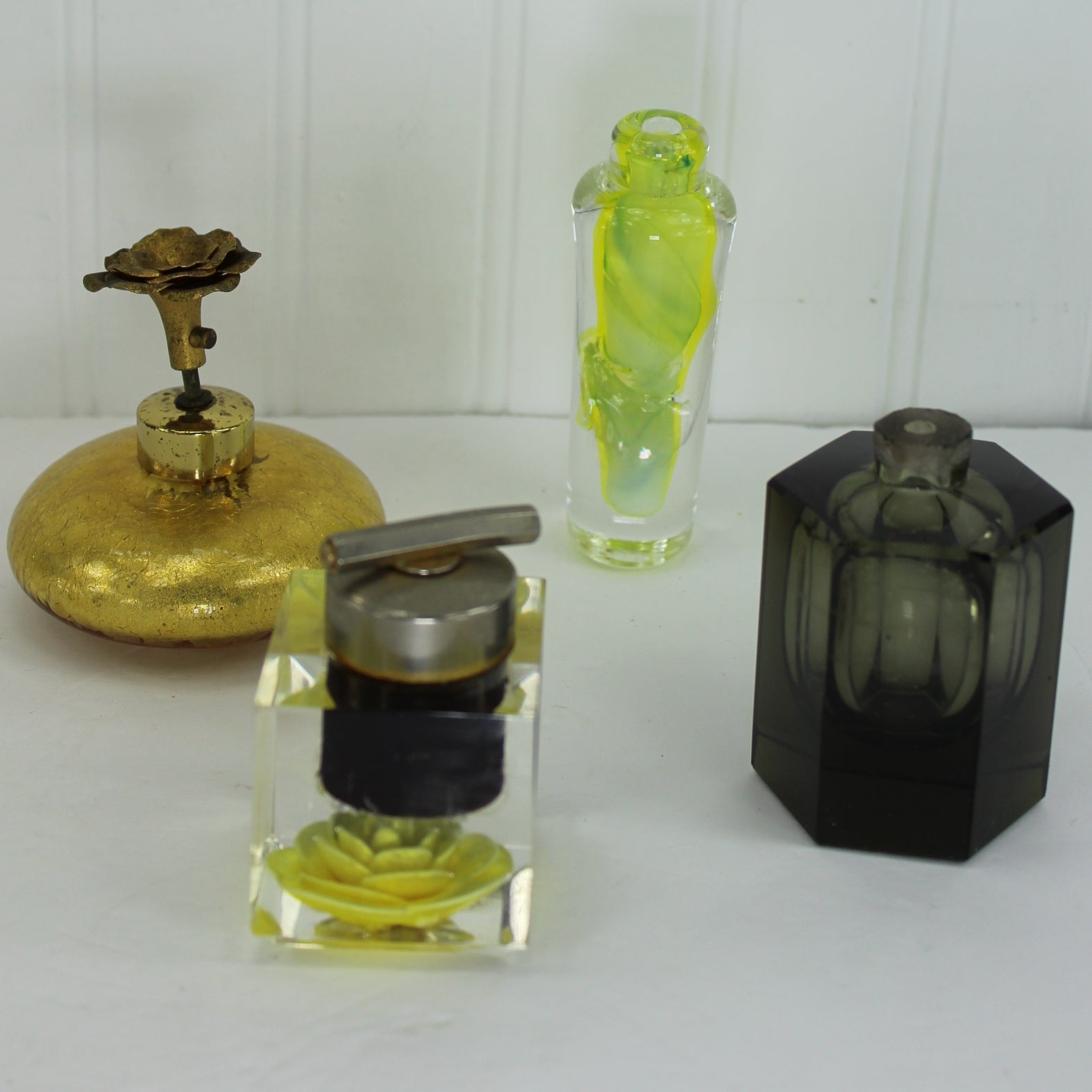 Collection 4 Old Glass Lucite Perfume Bottles Push Atomizer Gold Crackle Smoke Hex Murano Style Hand Blown