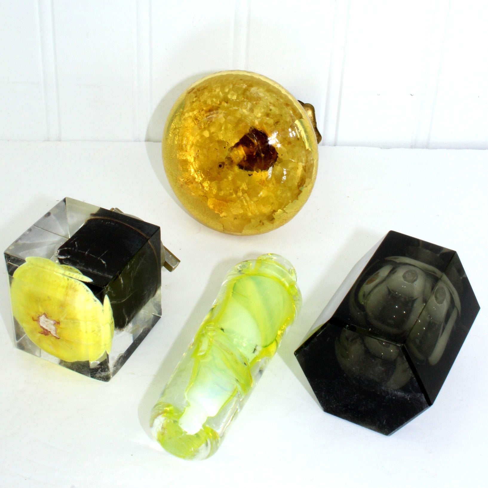 Collection 4 Old Glass Lucite Perfume Bottles Push Atomizer Gold Crackle Smoke Hex Murano Style Hand Blown art project