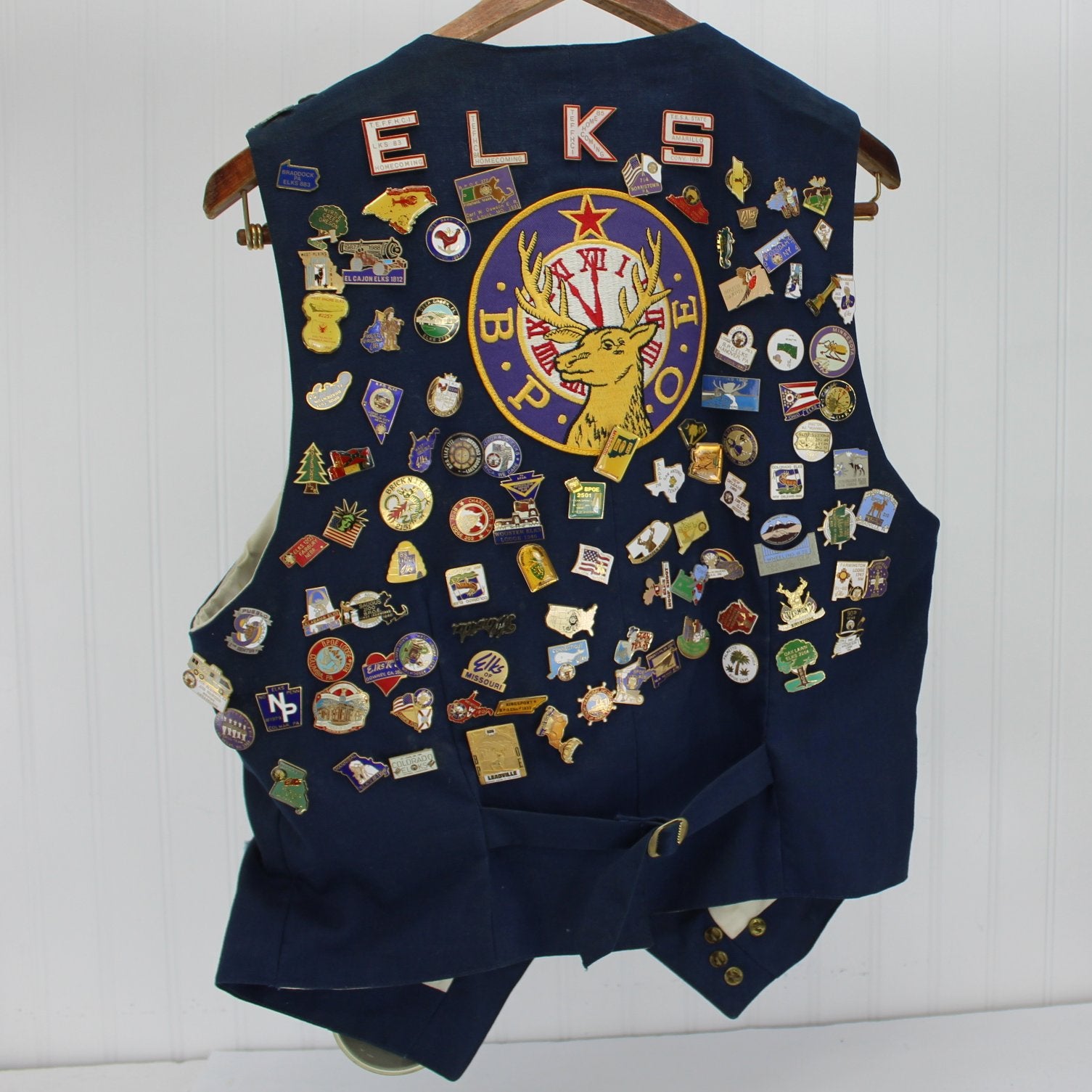 BPOE Elks Collectible Vest 240+ Unique Pins Medals Elks Memorabilia Most States Pins back of vest
