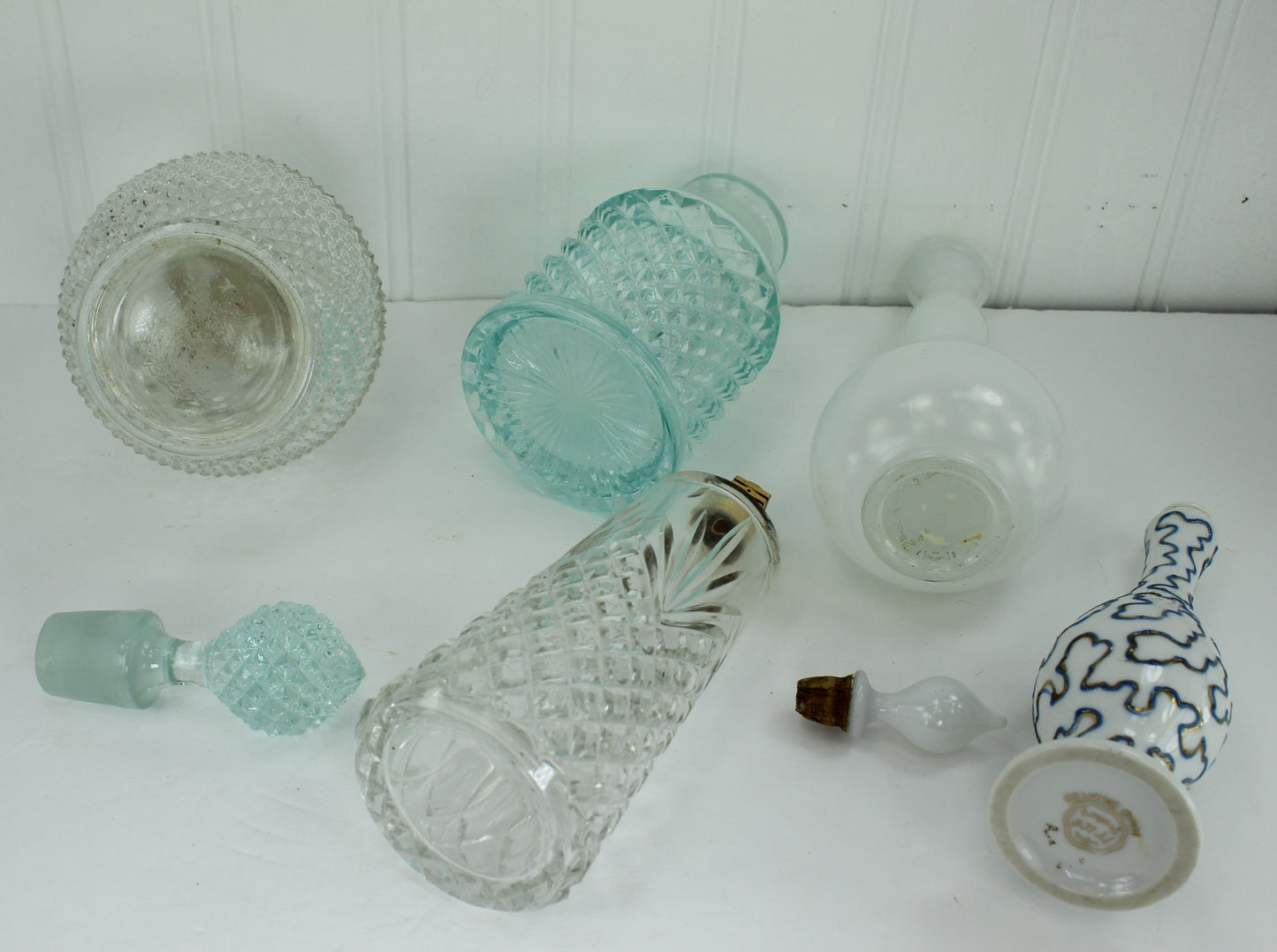 Collection 5 Old GlassPerfume Empty Bottles Lampe Berger France Irice Aqua Diamond Cut Chas Ritz Czech hobnail cut