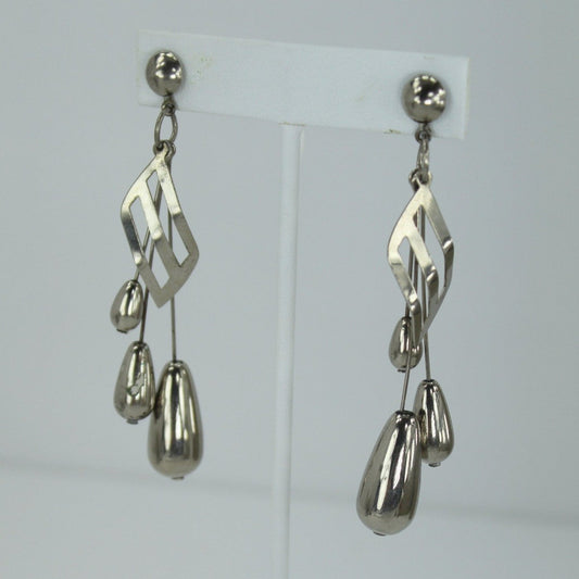 Long Modernist Earrings Post Lightweight Silver Tone Baubles Dangle Unique