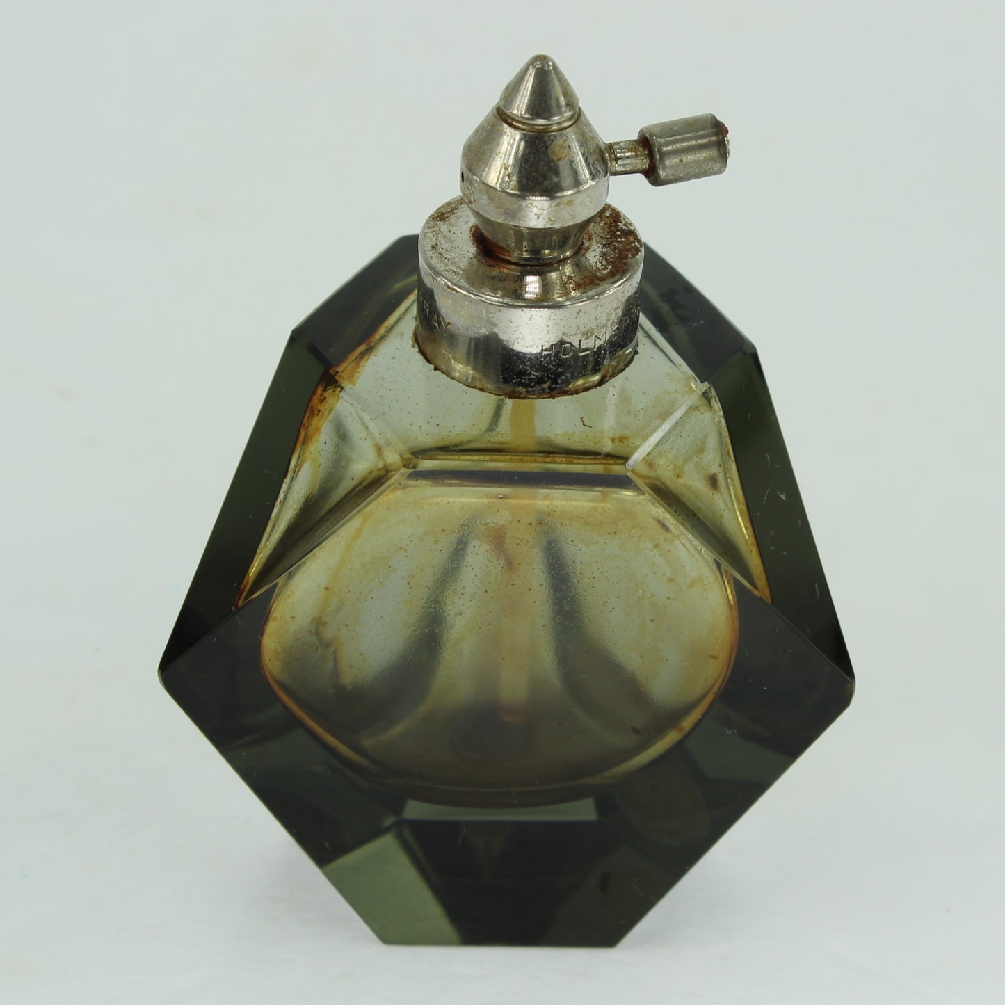 Vintage Holmspray Perfume Bottle Smoke Crystal Art Deco Made in Chartley Massachusetts USA sharp deco lines