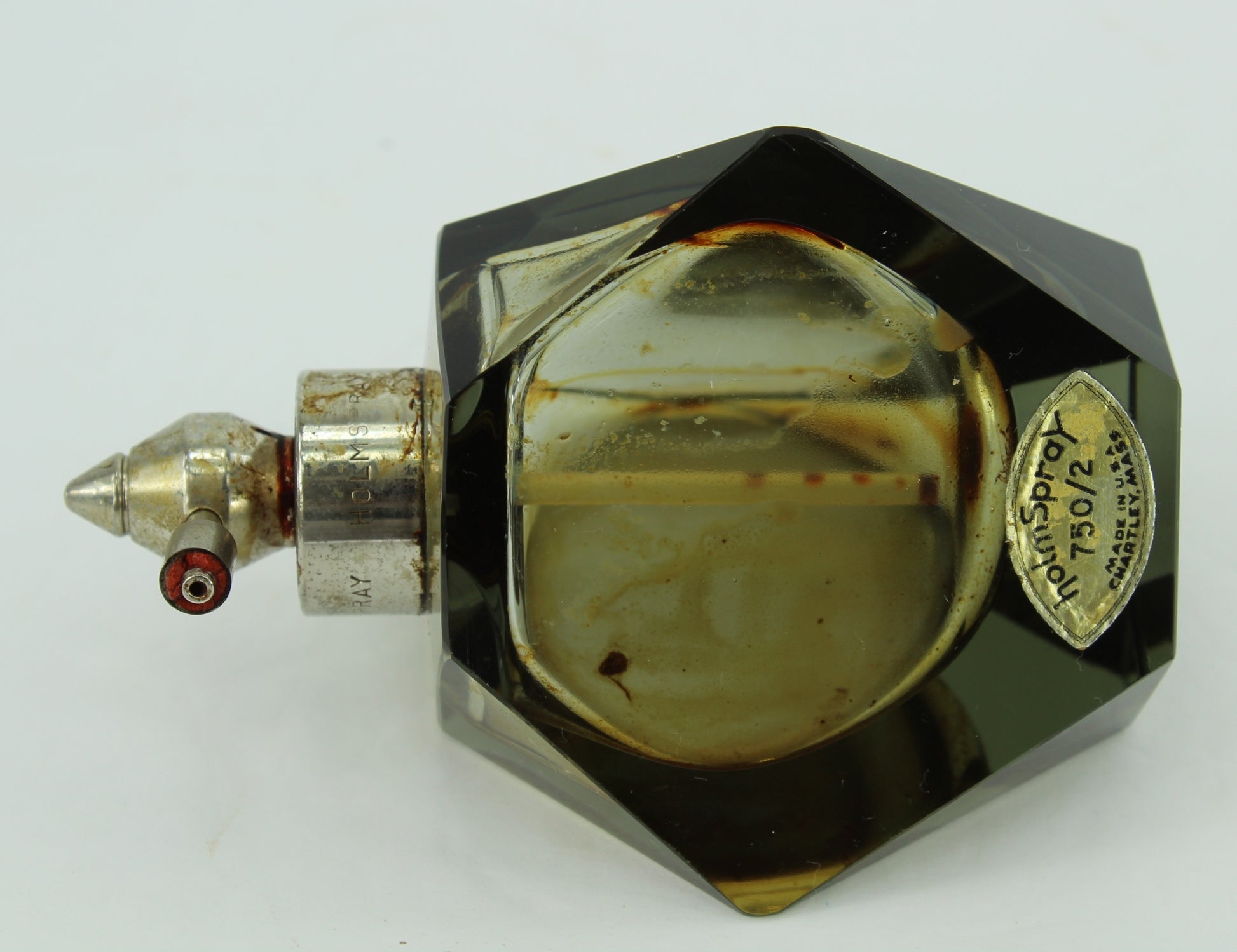 Vintage Holmspray Perfume Bottle Smoke Crystal Art Deco Made in Chartley Massachusetts USA original label and engraved maker