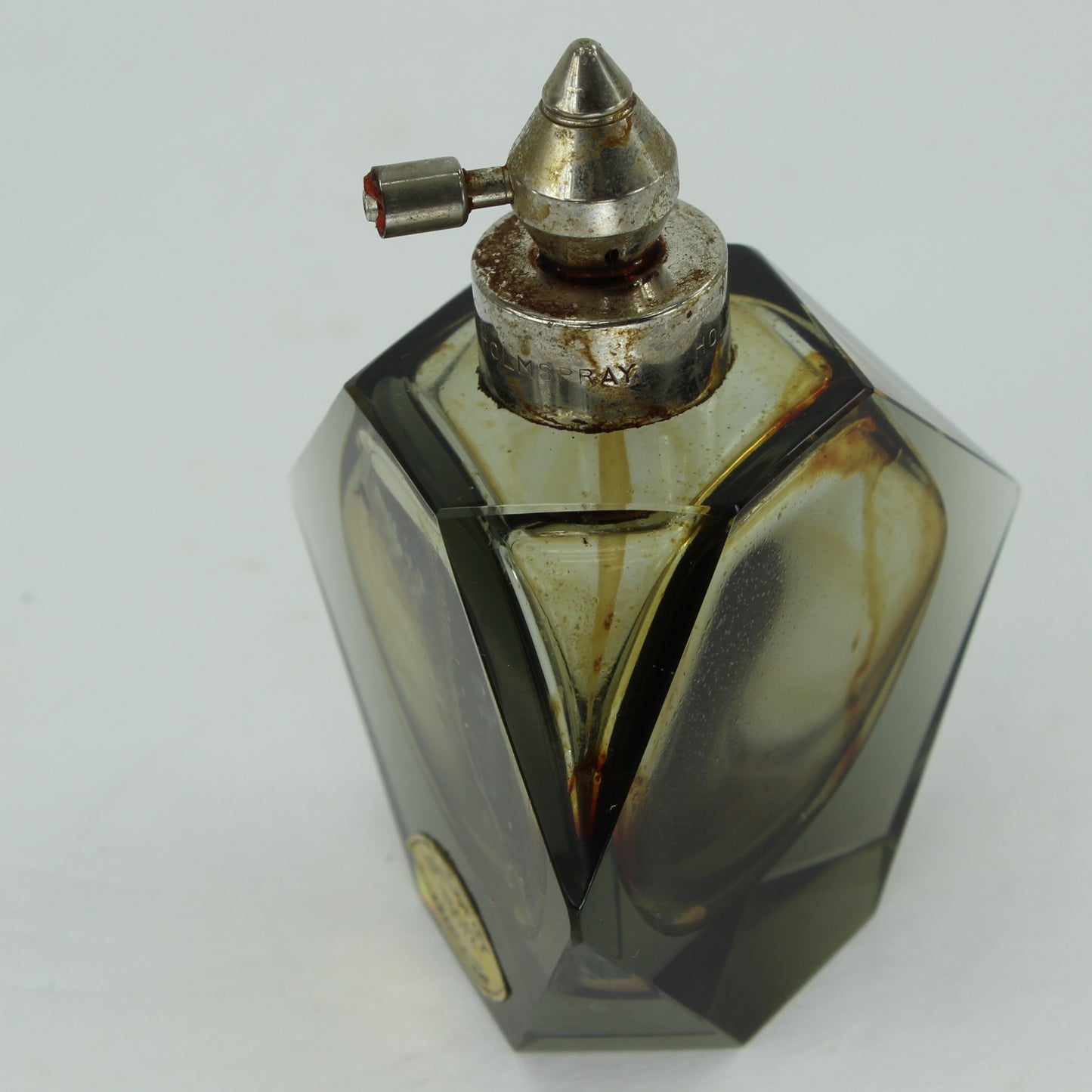 Vintage Holmspray Perfume Bottle Smoke Crystal Art Deco Made in Chartley Massachusetts USA atomizer style without puffer