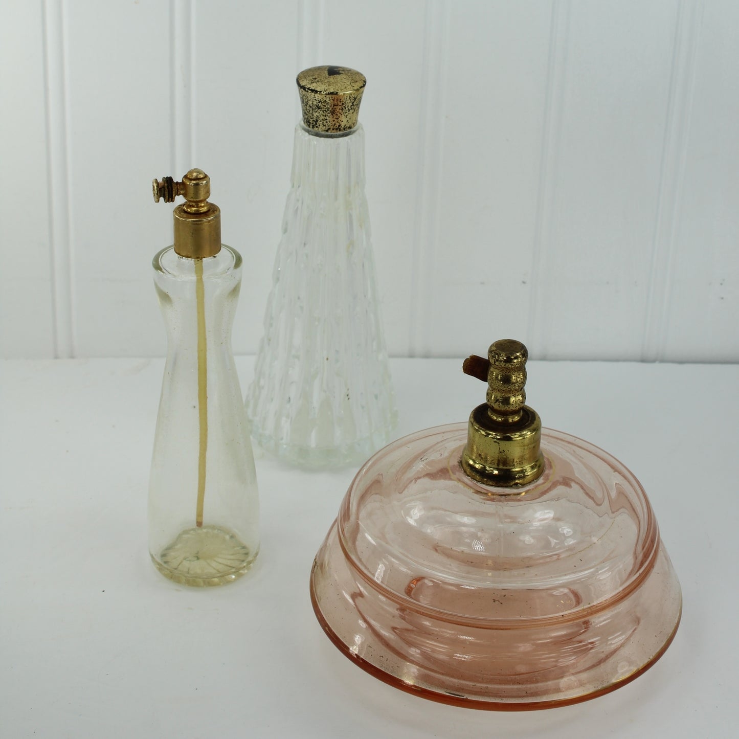 Collection 3 Old Glass Perfume Empty Bottles Large Round Pink Cone Shape Czech
