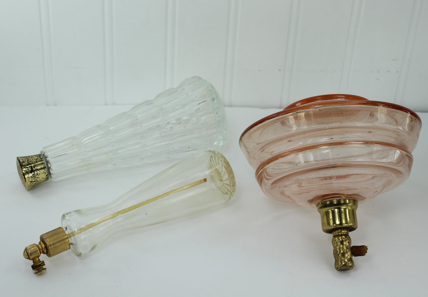 Collection 3 Old Glass Perfume Empty Bottles Large Round Pink Cone Shape Czech czechoslovakia  heavy glass