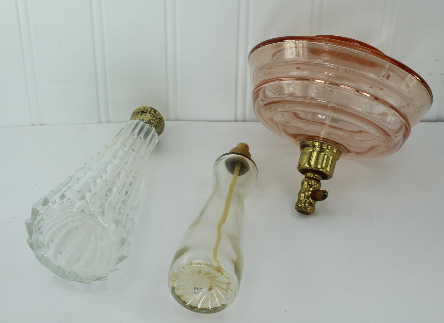 Collection 3 Old Glass Perfume Empty Bottles Large Round Pink Cone Shape Czech lot of perfume bottles