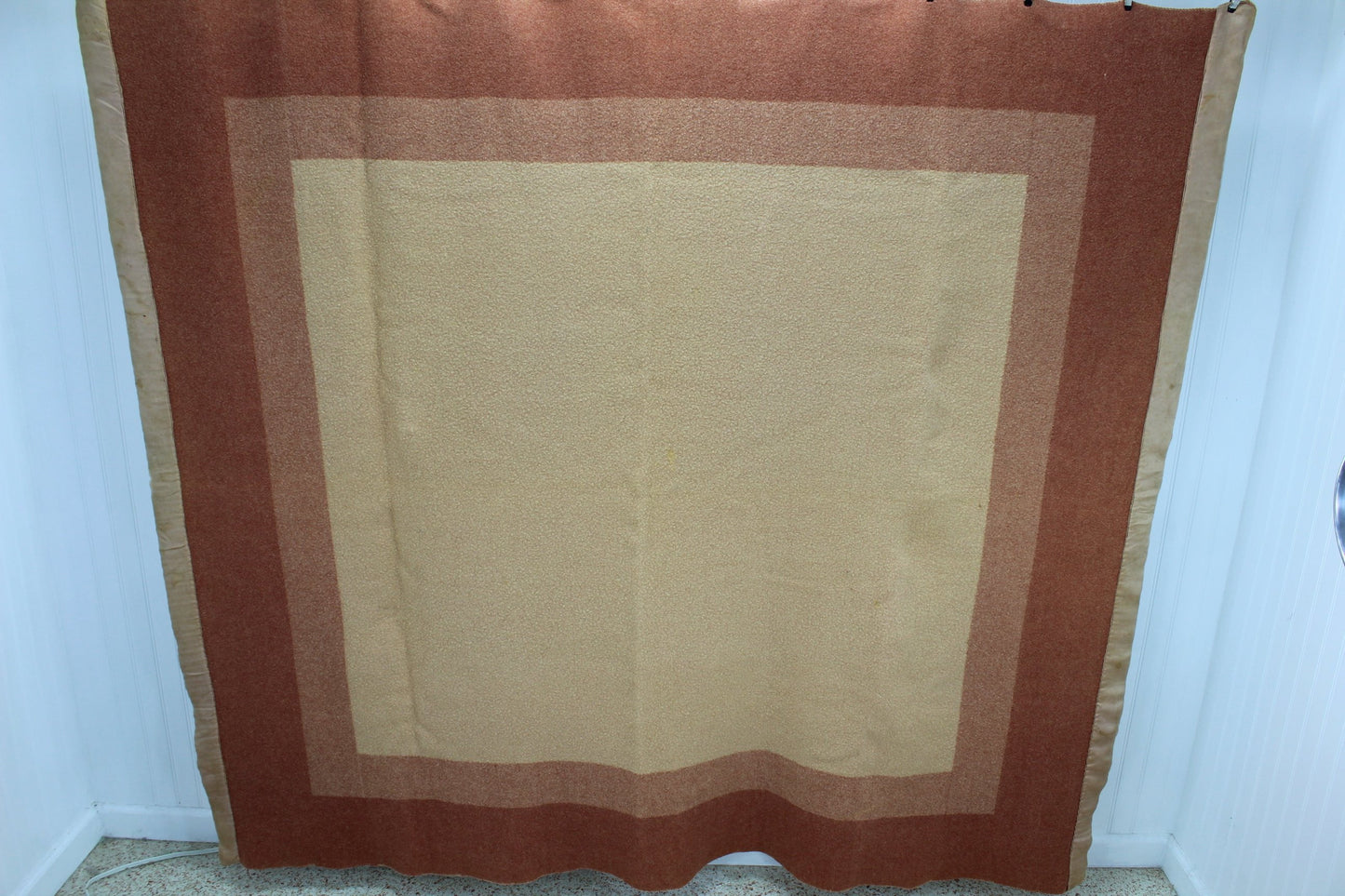 Wool Blanket Vintage 3 Shades Rusty Peach Clay Borders all Sides Mid Century unusual