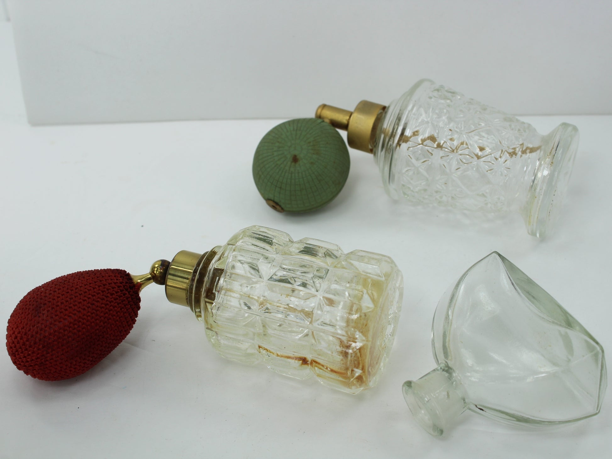 Collection 3 Old Glass Perfume Empty Bottles 2 Atomizer 1 Small Mini theater props window display