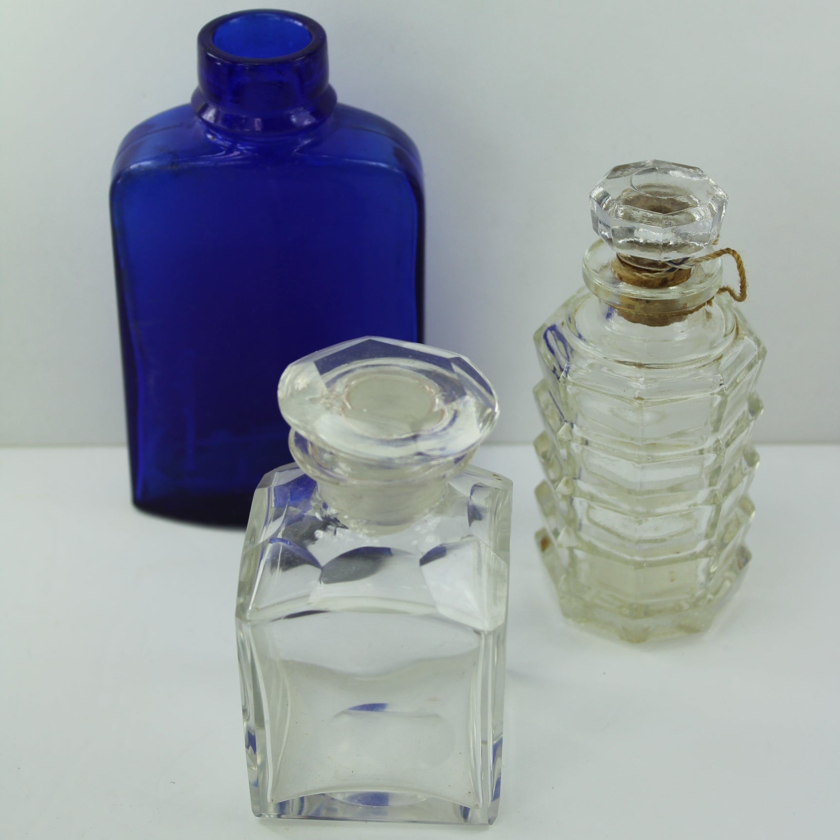Collection 3 Old Glass Perfume Medicine Empty Bottles Cobalt Cork Stopper