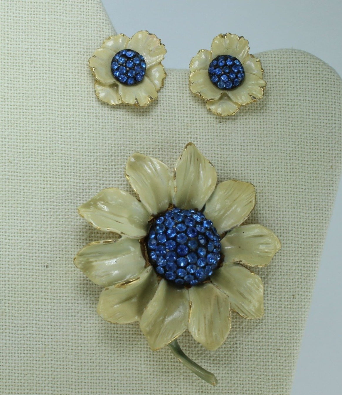BSK 1950s Set Ivory Enamel Brilliant Blue Pave Centers Earrings Demi Parure Outstanding collectible