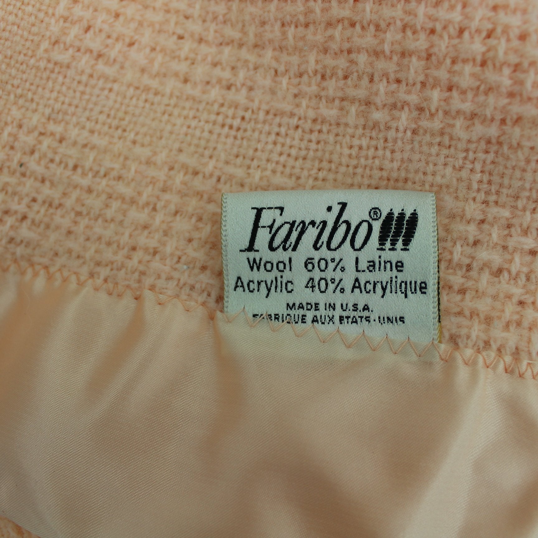 Faribo Peach Washable Wool Acrylic Blend Blanket Basketweave Made USA Faribault MN original ribbon maker tag faribo
