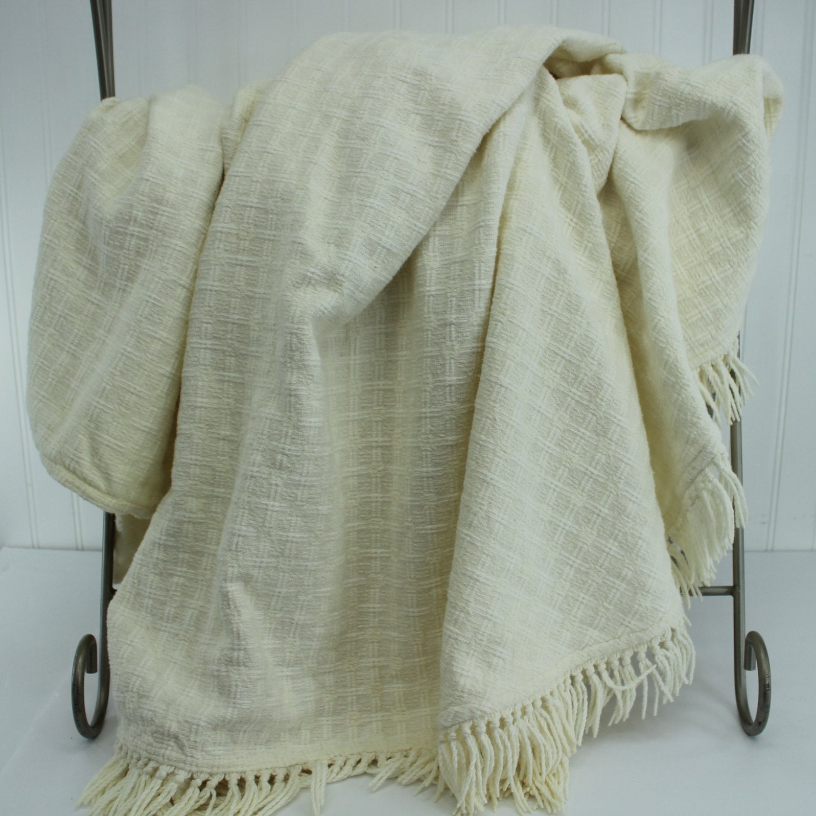 Woven Cotton Bedspread Off White Ivory Basket Weave Design