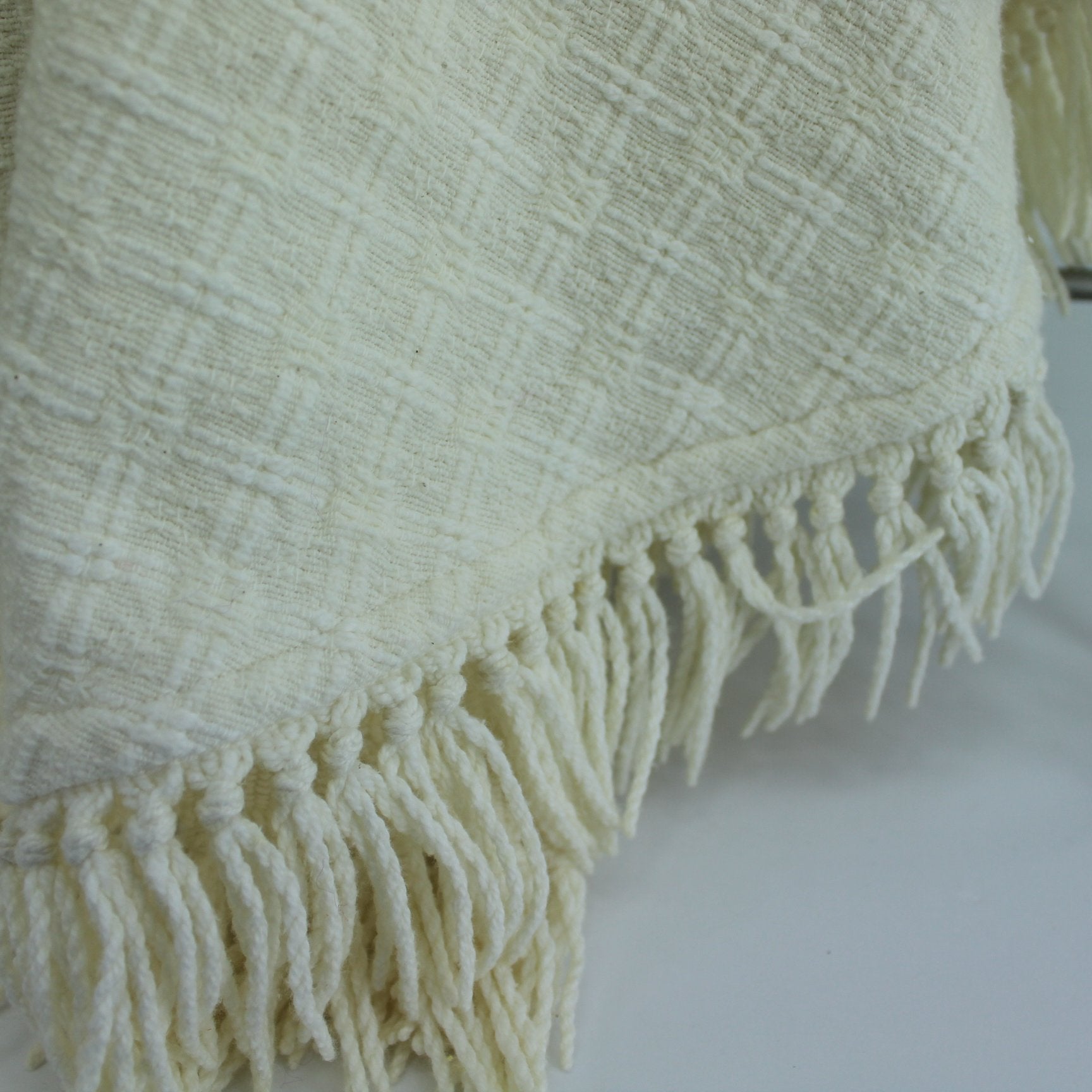 Woven Cotton Bedspread Off White Ivory Basket Weave Design closeup of fringed edge