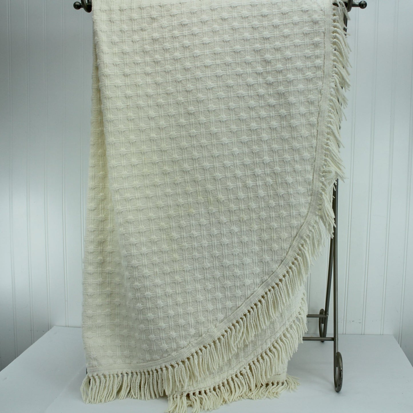 Woven Cotton Bedspread Off White Ivory Basket Weave Design long view of bedspread