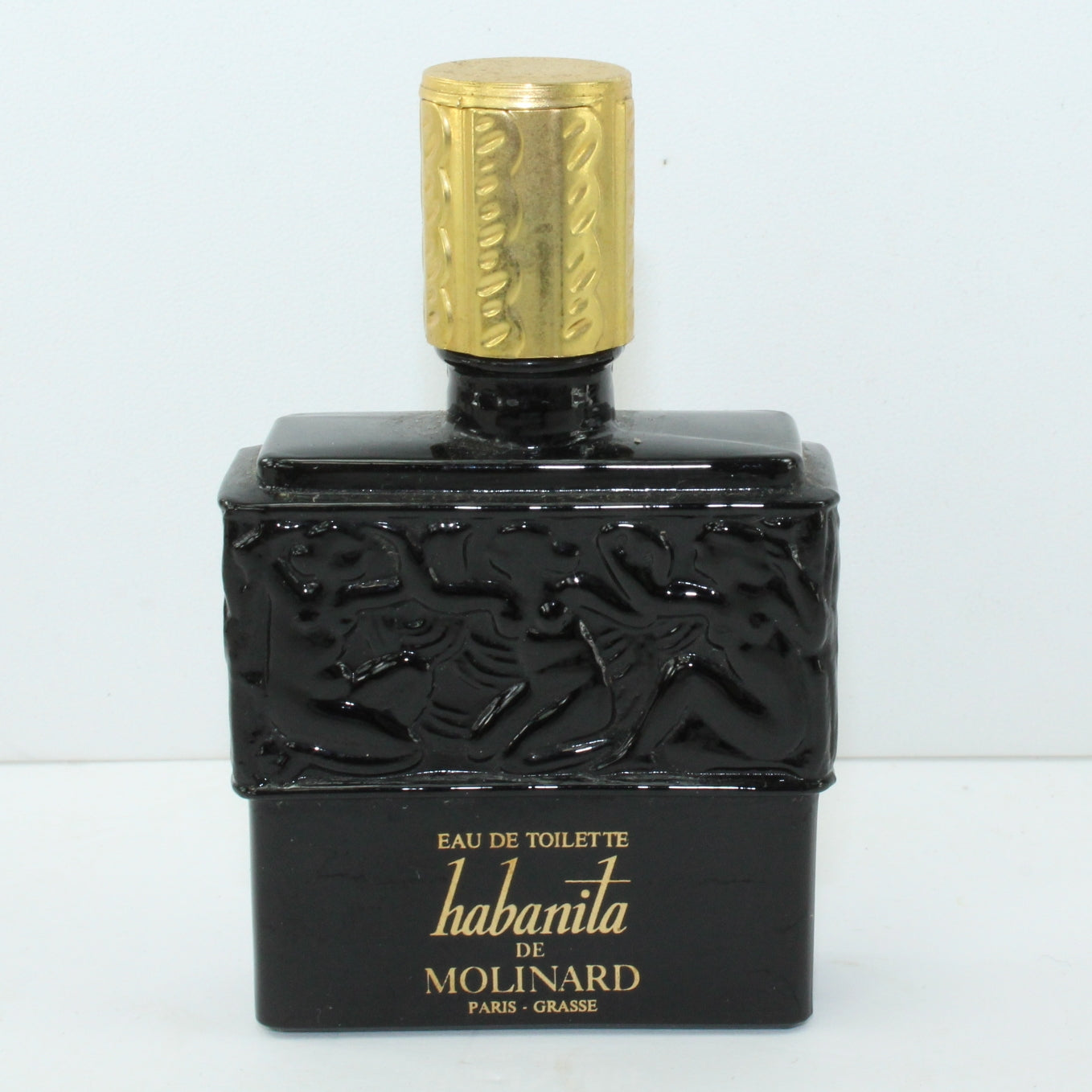 Habanita Molinard Black Glass Perfume Empty Bottle Lalique Creation Female Figures Vintage Vanity Bottle