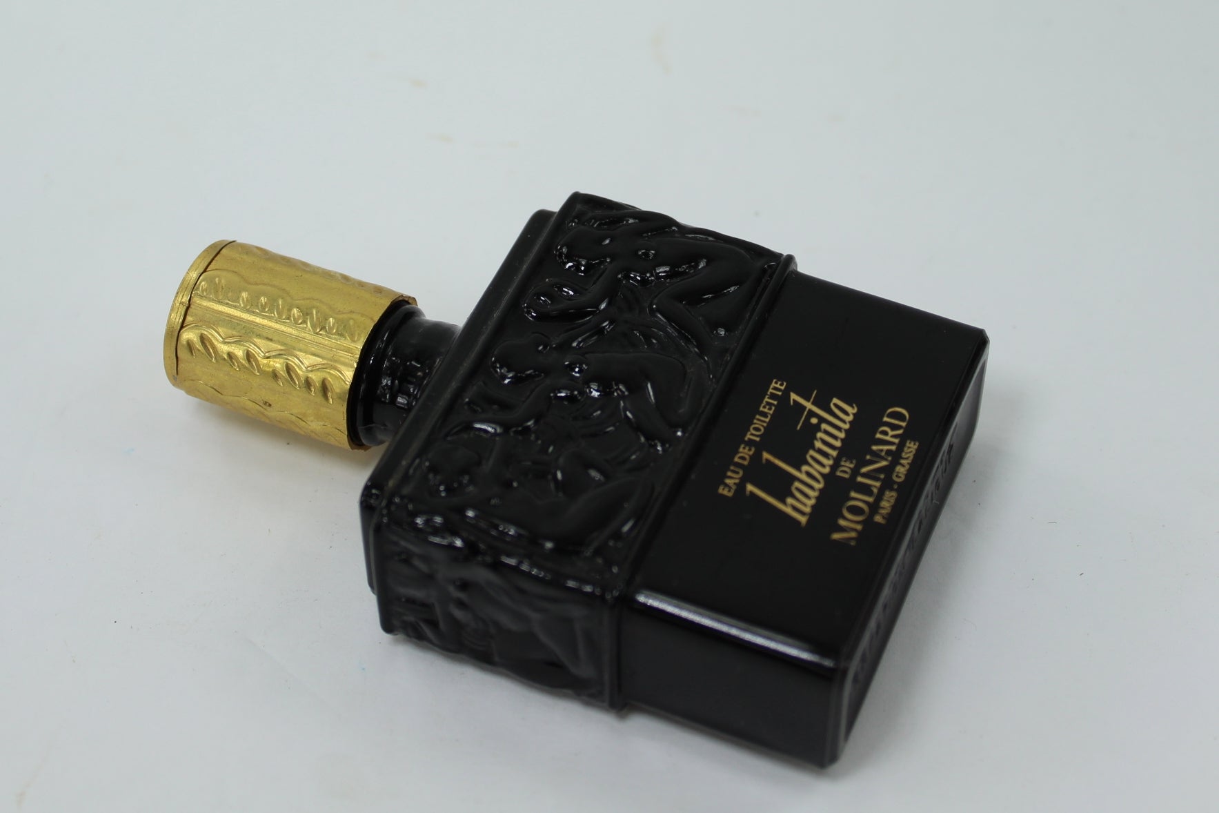 Habanita Molinard Black Glass Perfume Empty Bottle Lalique Creation Female Figures Vintage Vanity Bottle classique design lalique