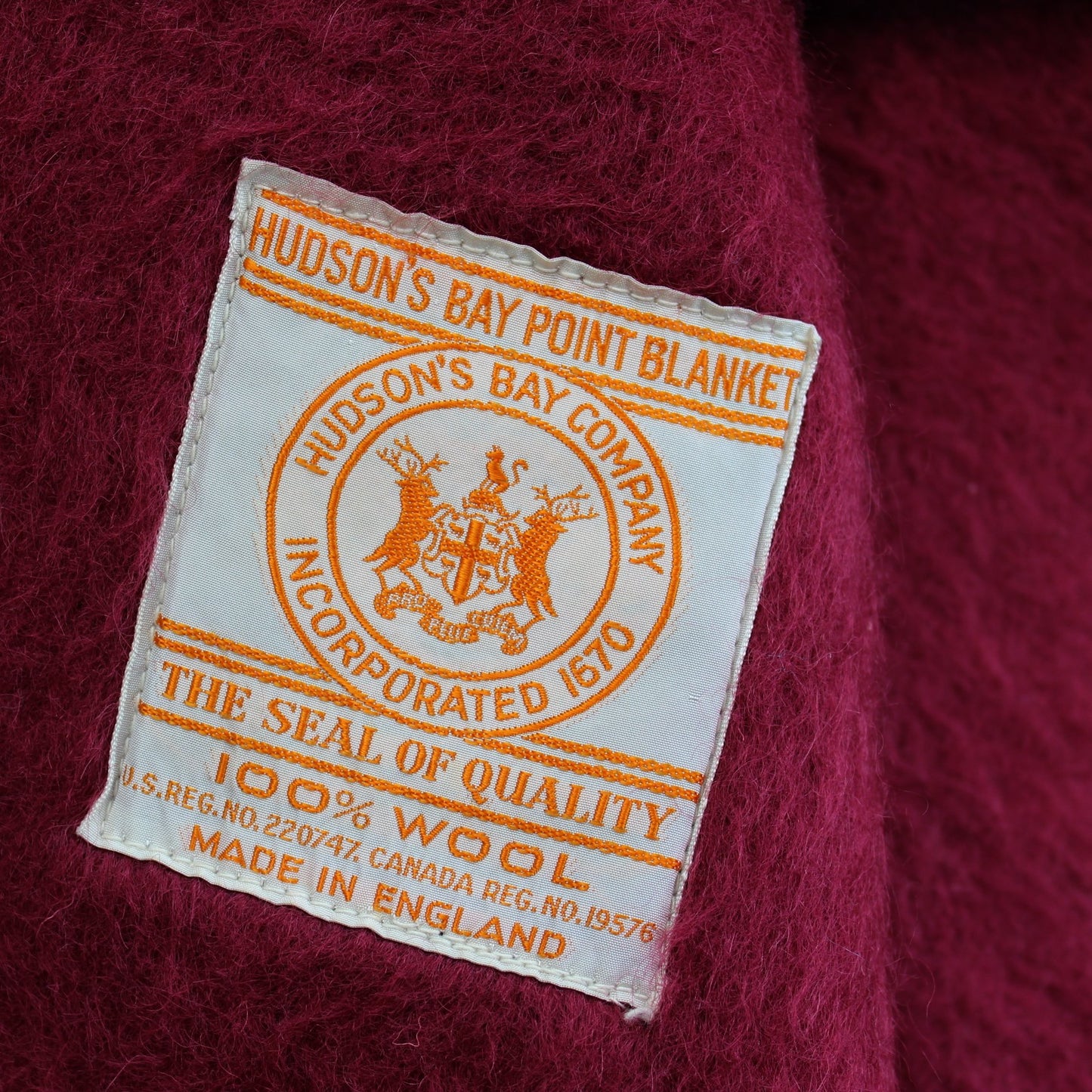 Rare Hudson Bay Wool Blanket 4 Point Cranberry  69" X 91" Weight 6# Excellent orig ribbon maker tag