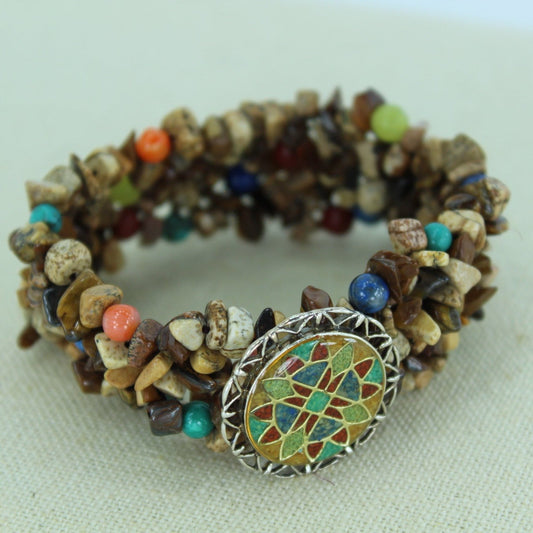 RELIOS POLLACK Bracelet 925 Filigree Colorful  Disk Turquoise Brown Stones Adjustable Medium Large greatt colors