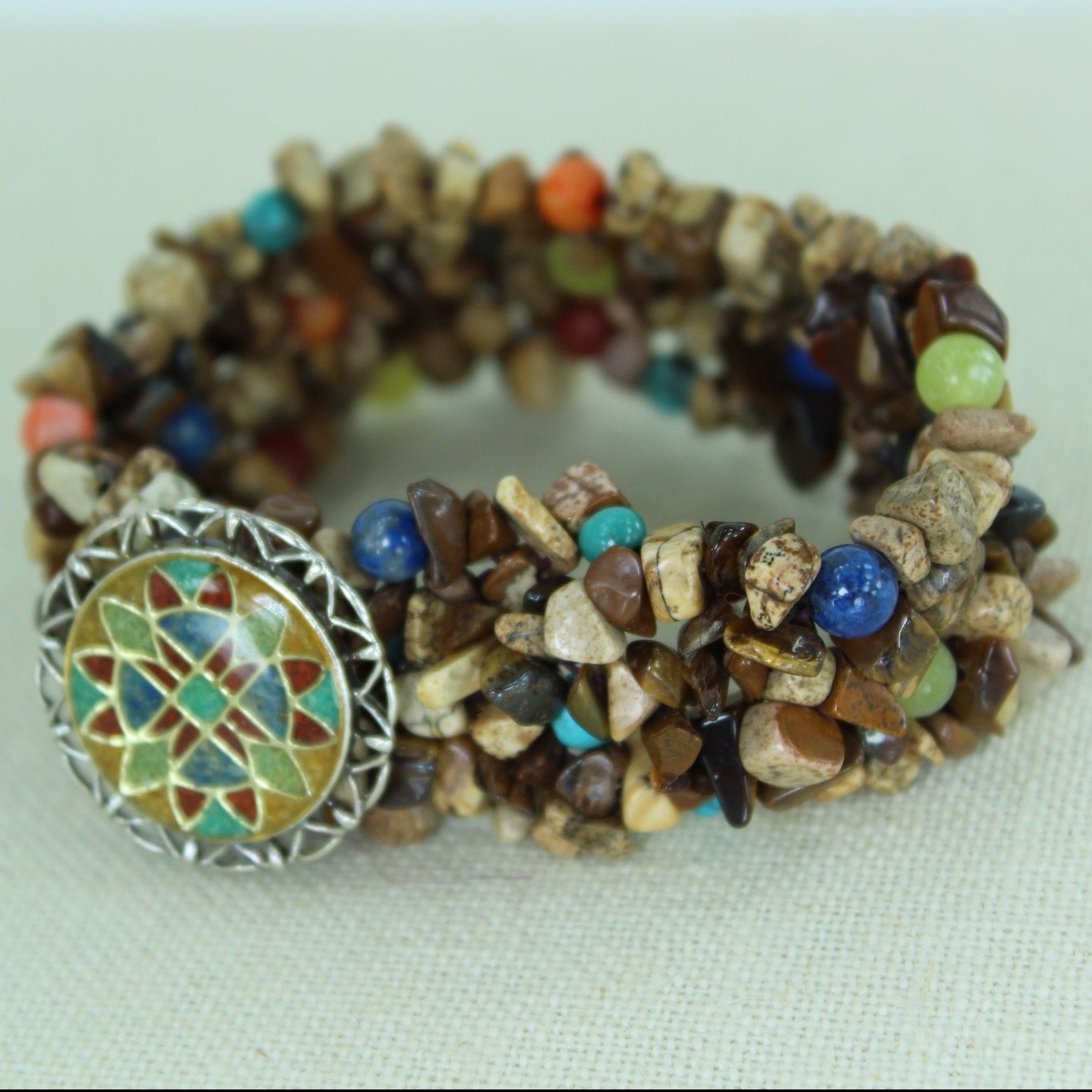 RELIOS POLLACK Bracelet 925 Filigree Colorful  Disk Turquoise Brown Stones Adjustable Medium Large sterling