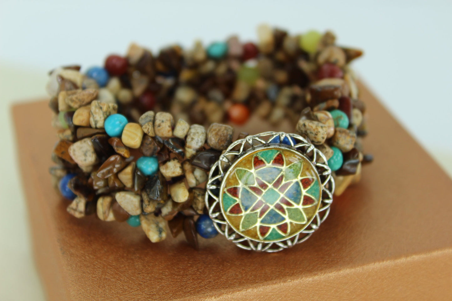 RELIOS POLLACK Bracelet 925 Filigree Colorful  Disk Turquoise Brown Stones Adjustable Medium Large collectible