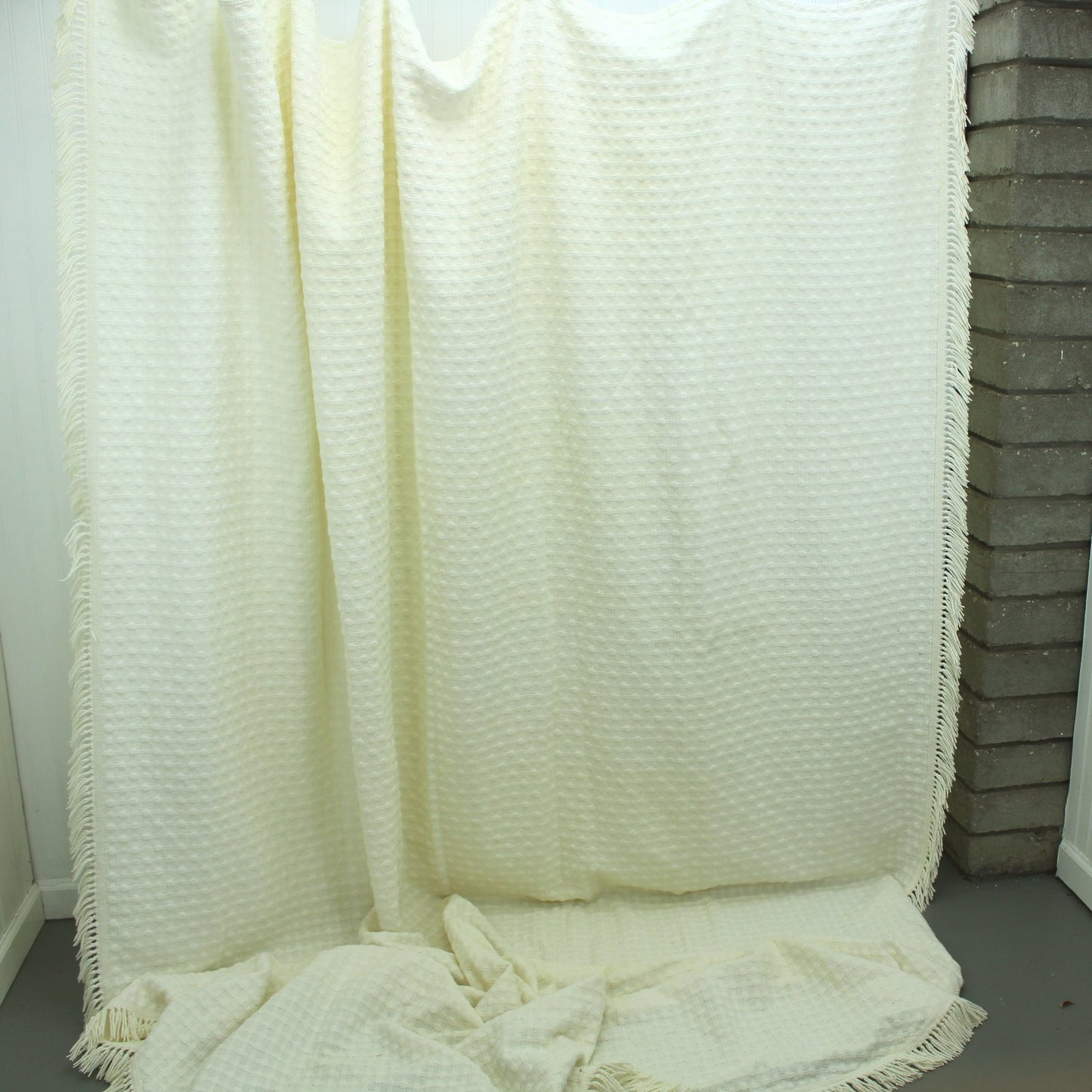 Woven Cotton Bedspread Off White Ivory Basket Weave Design full view of bed cover