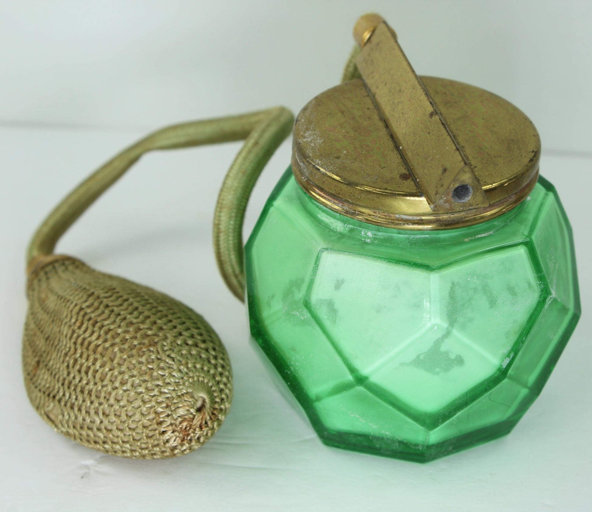 Extremely Rare Antique 1930s Volupte Spray Body Powder Atomizer Green Glass Powder Filled as arrived from estate of perfume collector