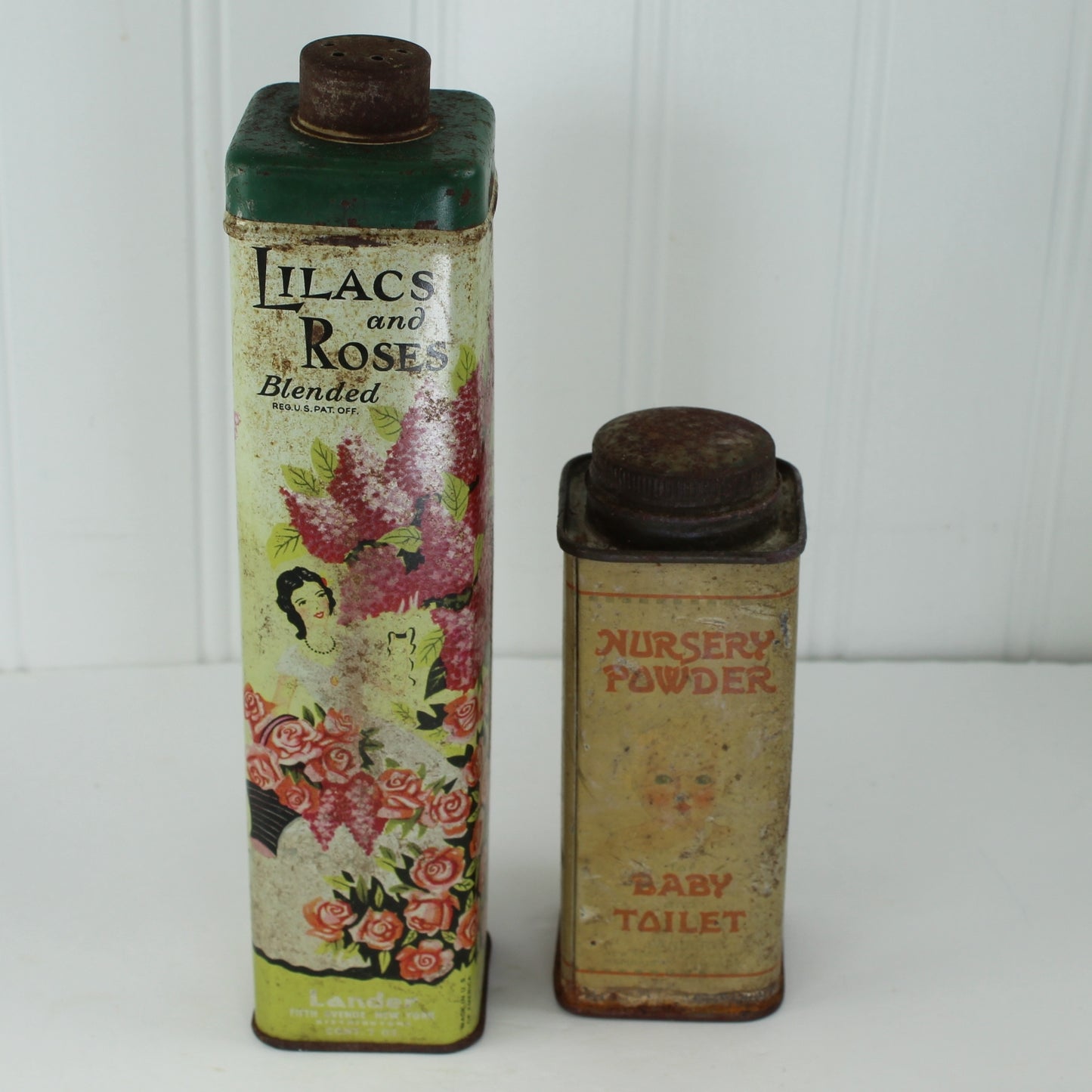 Old Vintage Decorative Tin Boxes Powder Lilacs Roses & Nursery Borated Baby Powder