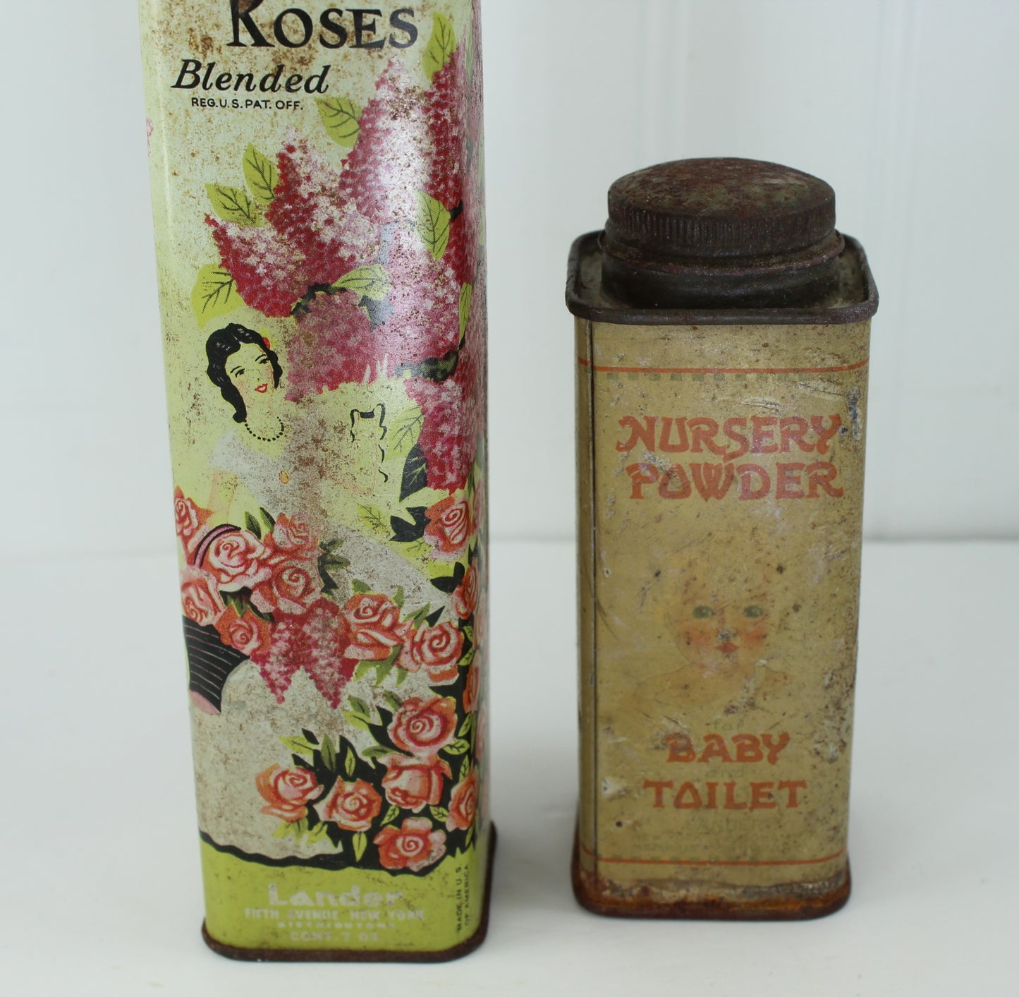 Old Vintage Decorative Tin Boxes Powder Lilacs Roses & Nursery Borated Baby Powder baby toilet