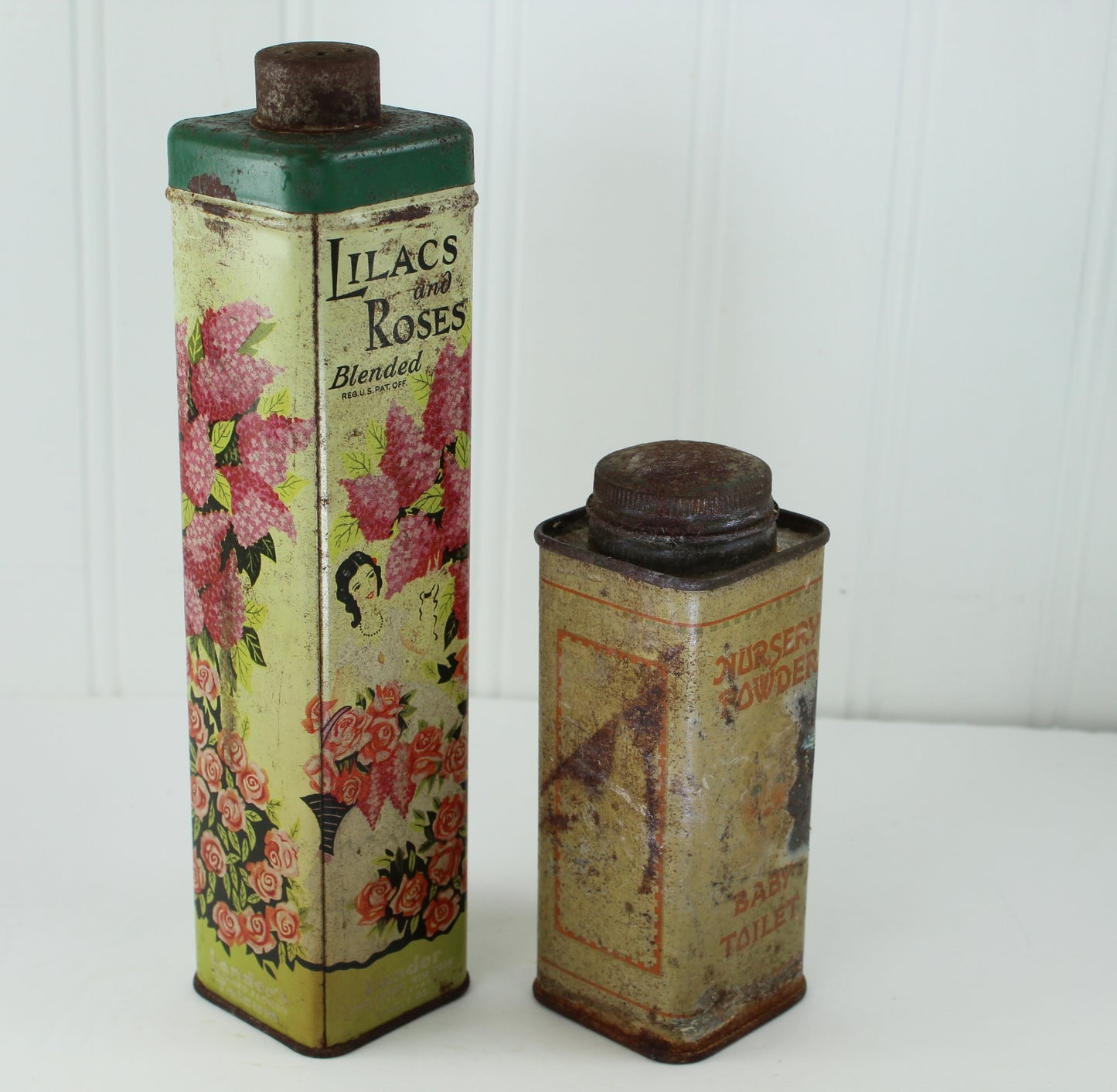 Old Vintage Decorative Tin Boxes Powder Lilacs Roses & Nursery Borated Baby Powder old tins floral decoration